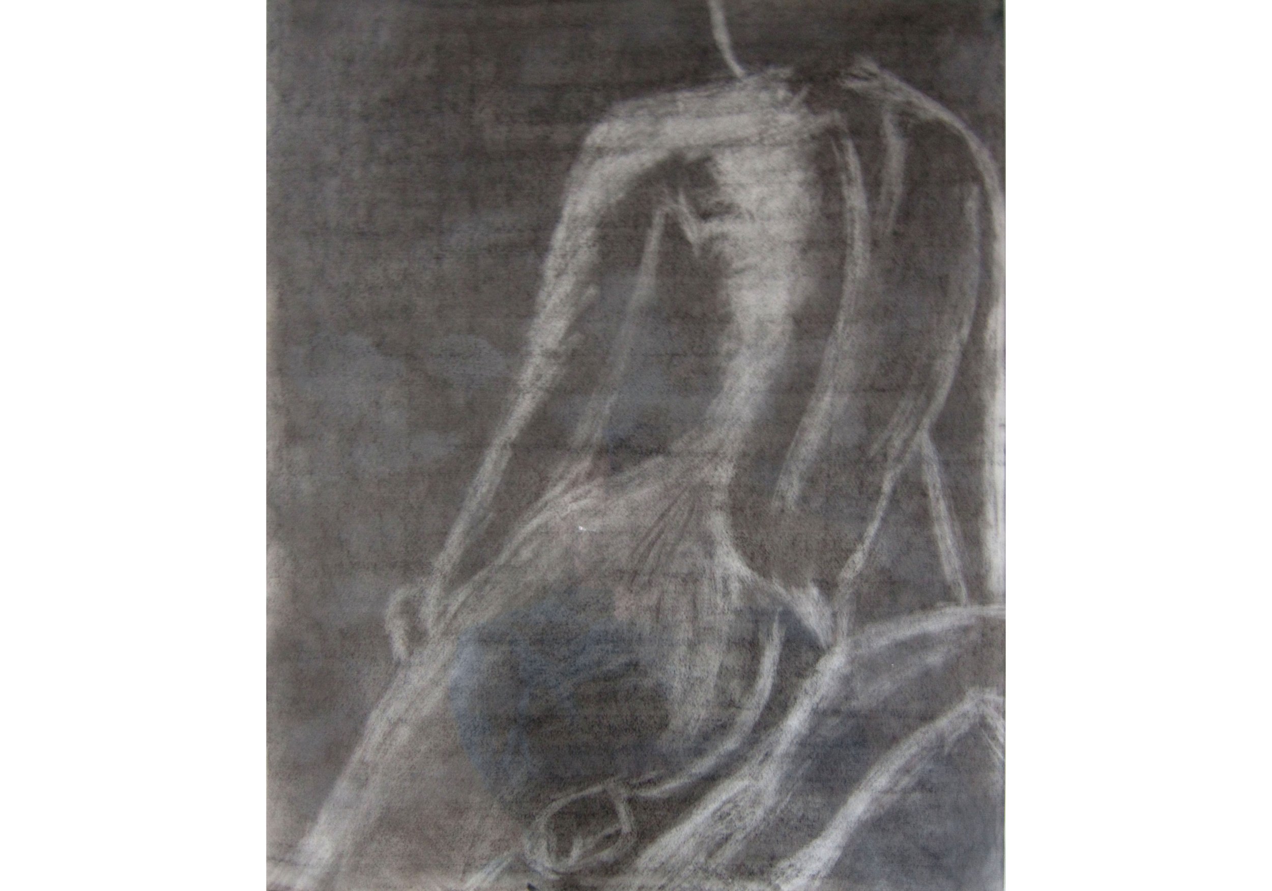 A charcoal drawing of a nude woman's back when she sits in the shadows.