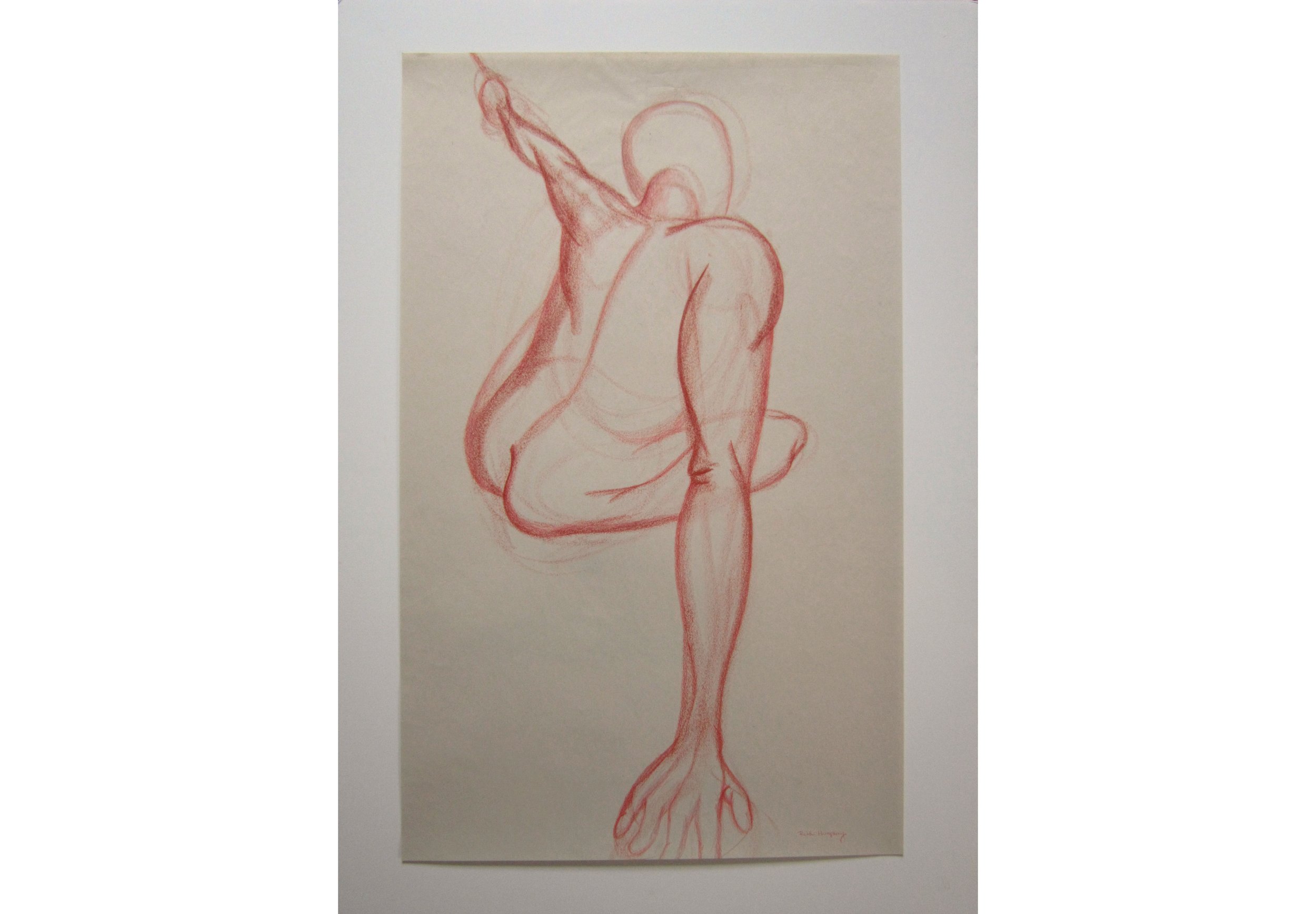 A newsprint drawing of a nude reaching man with the perspective accentuated.