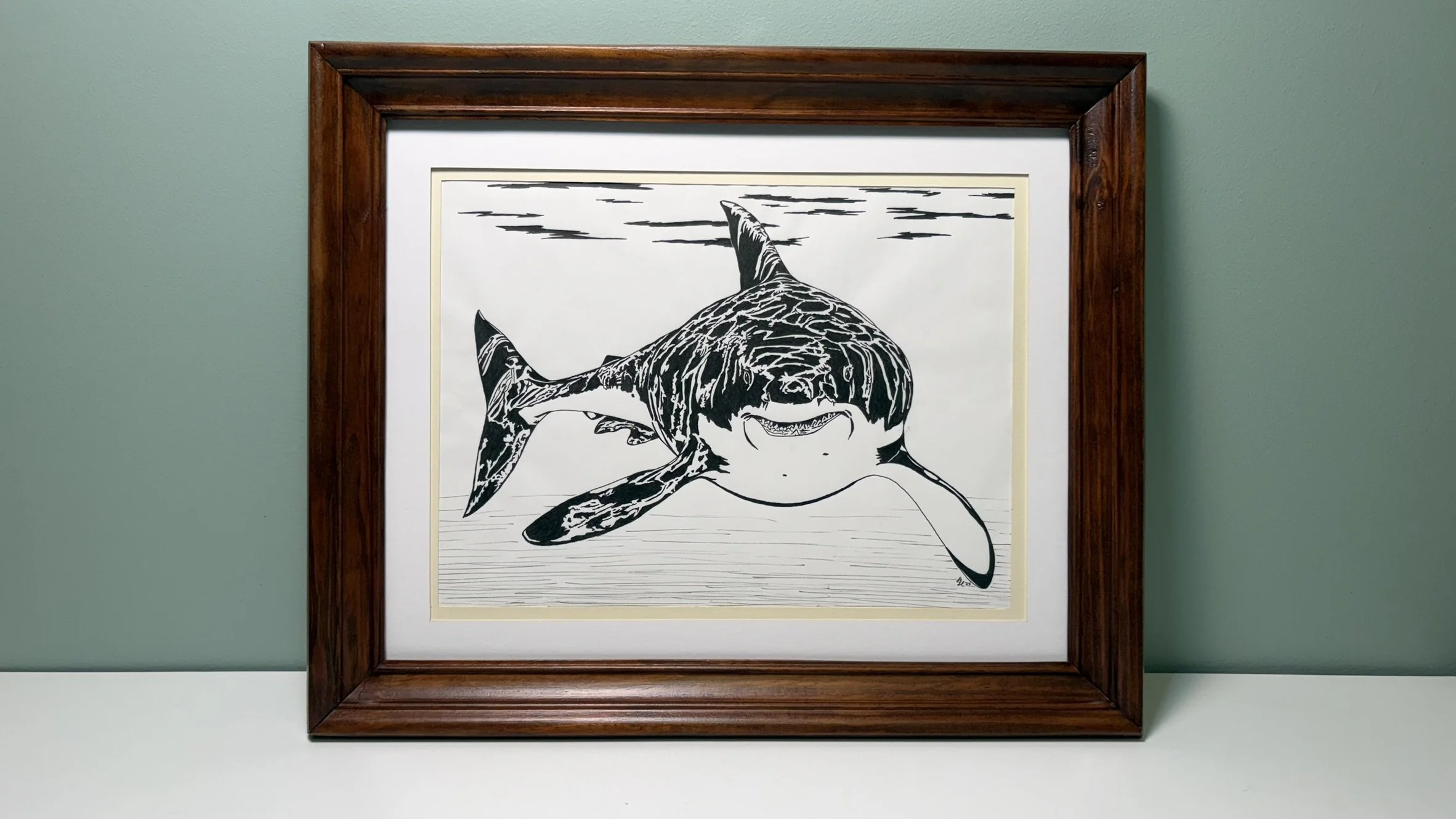 Smiling Great White Shark 2, Marker Drawing, Framed