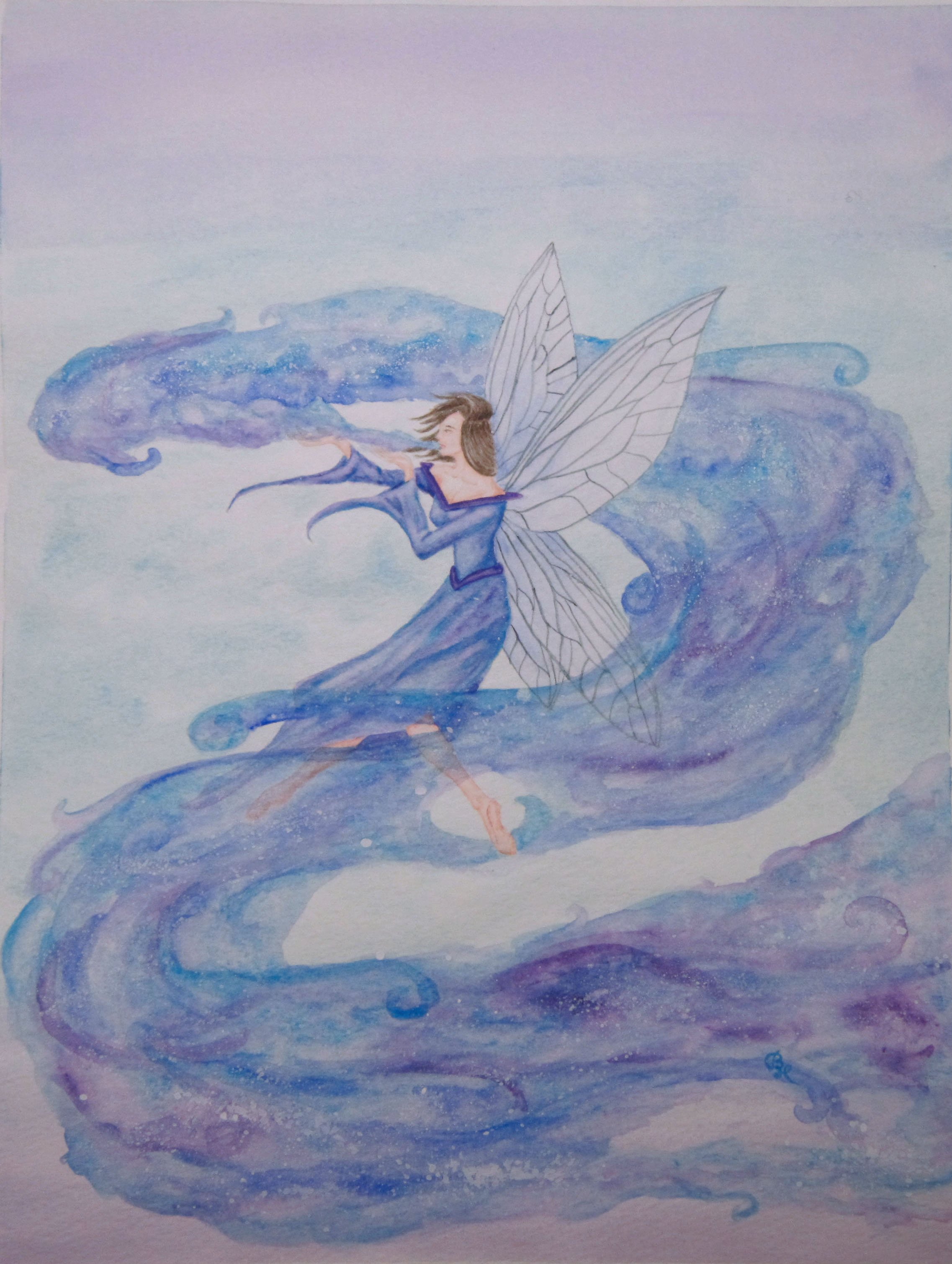 A watercolor painting of a fairy blowing out swirling dream clouds.