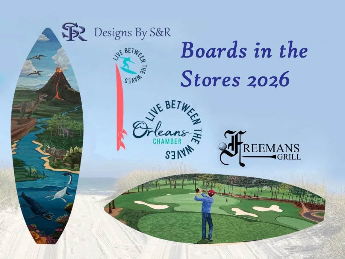 A surfboard painted with a variety of dinosaurs and a surfboard painted with a golfer hitting a ball on the golf course with a watermark beach scene behind them and the Boards in the Stores title and icons around them.