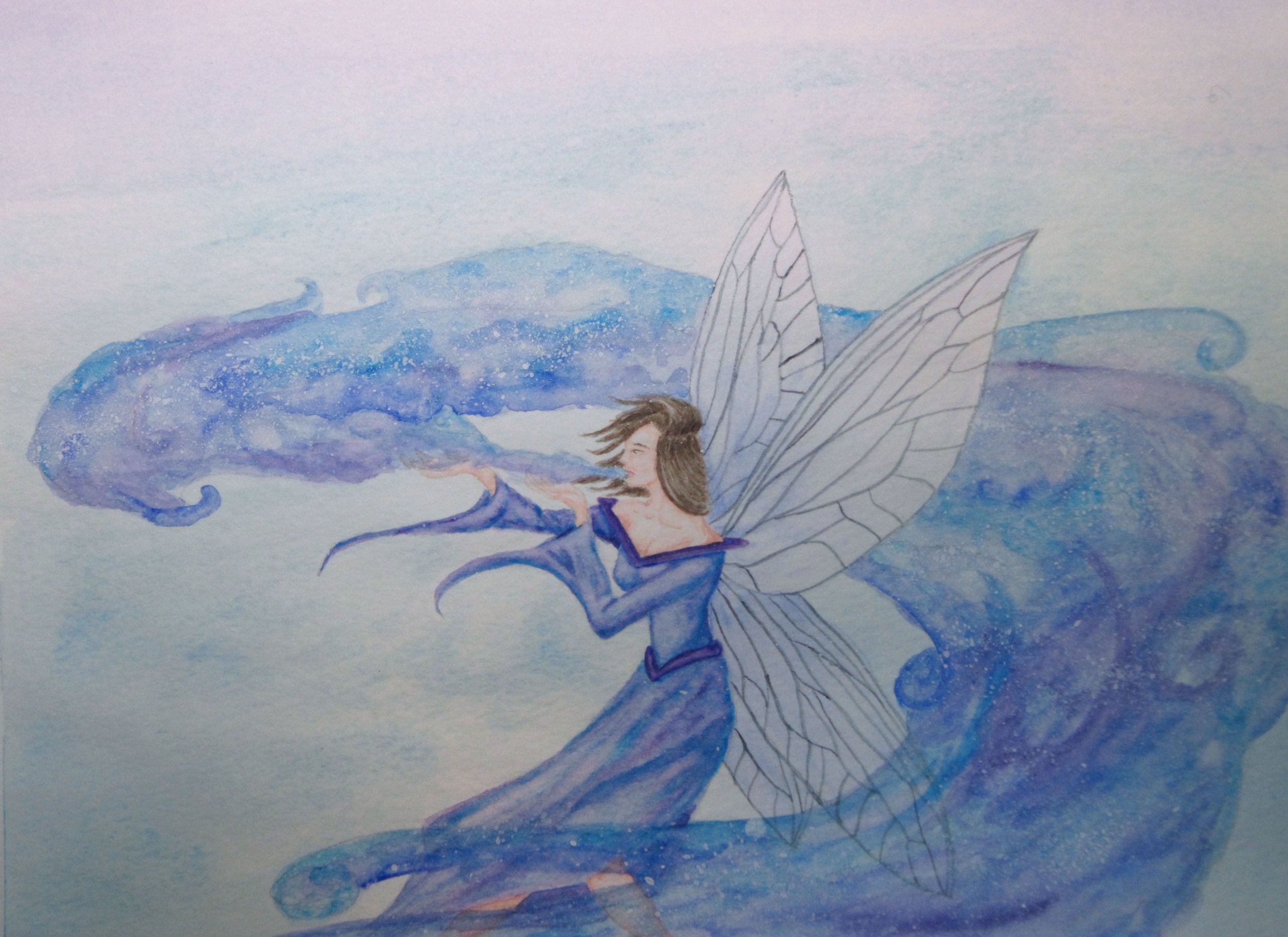 A detail image of a watercolor painting showing a fairy blowing blue & purple dream clouds that swirl around her and her wings.