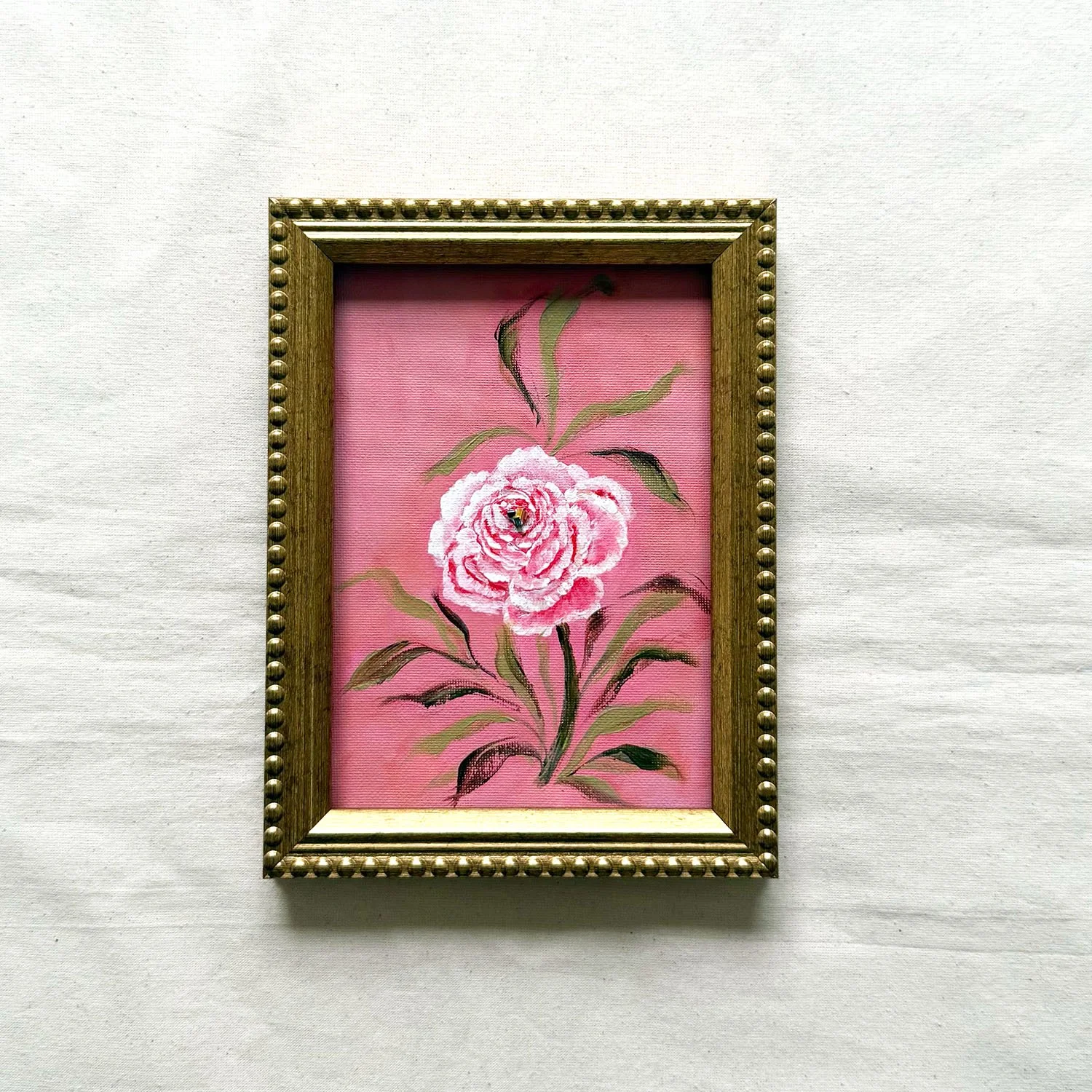 Pink rose original acrylic painting in beaded gold frame from gold-framed-white-rose-painting.jpg