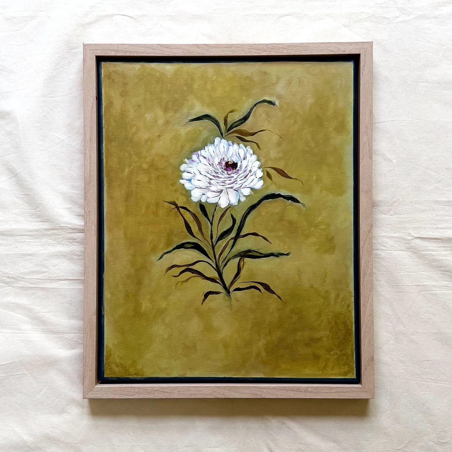 Framed white dahlia original floral acrylic painting 16x20 by Ramya Rajiv.