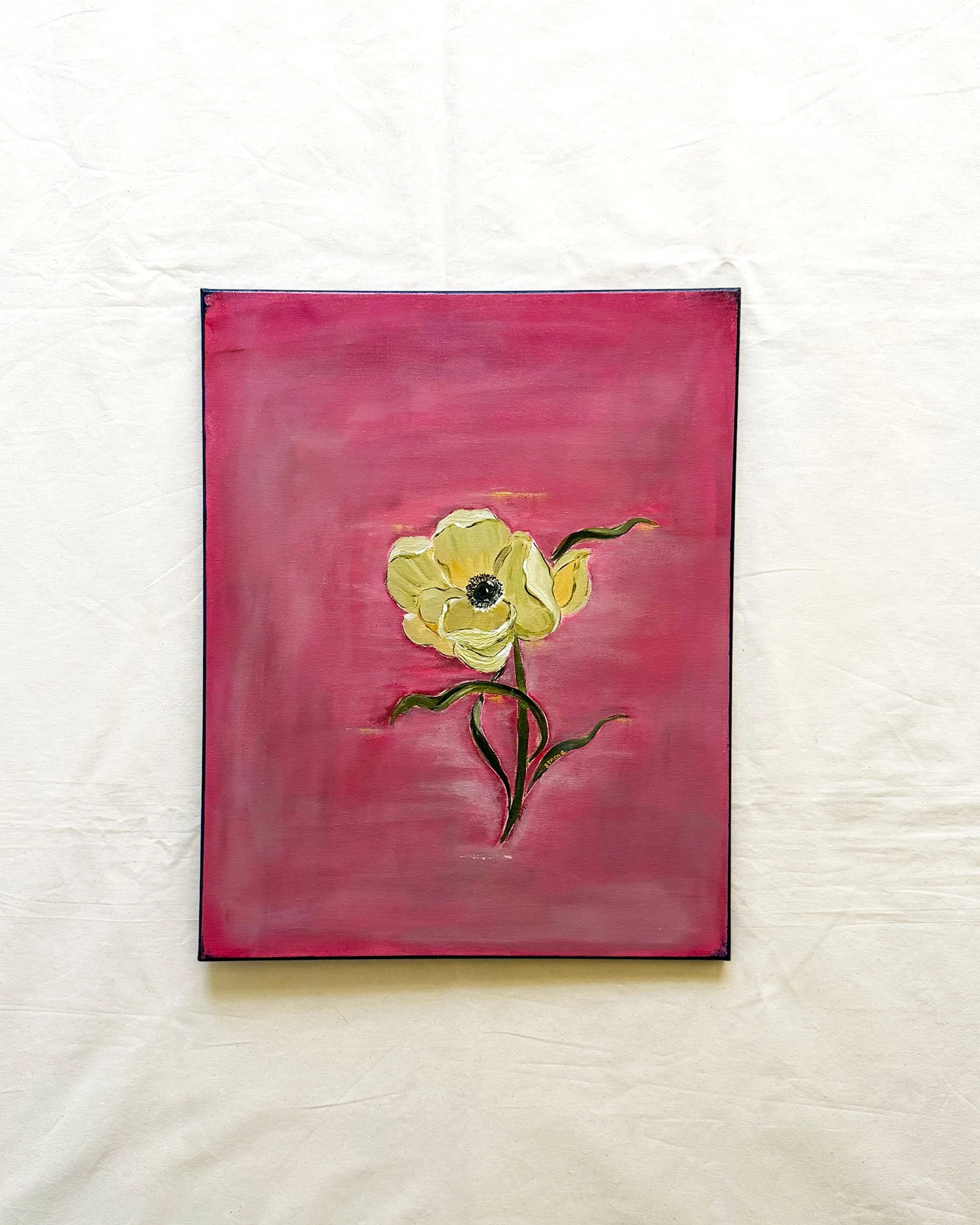 Yellow anemone motivational painting with strong affirmation, original floral artwork on pink canvas, varnished 16x20 mindfulness wall art