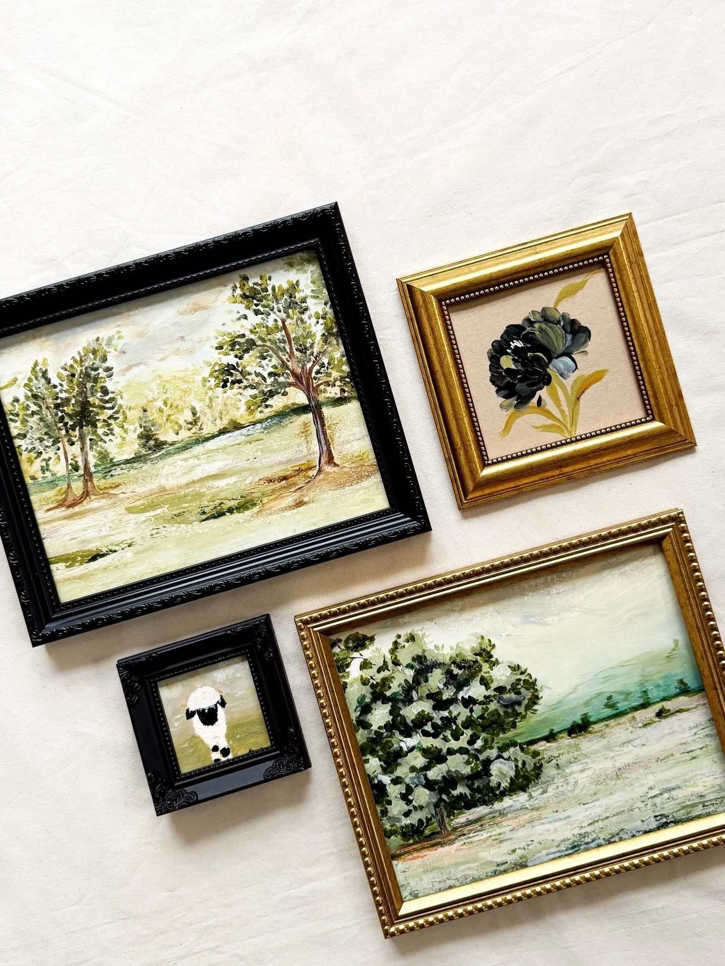 It&rsquo;s a quaint feeling that soothes your heart. Unexplored paths, inviting pastures , furry company and an earthy floral.  Four paintings from the Moss &amp; Silk original collection. Launches December 5th! 

#originalartforsale #gallerywalldeco
