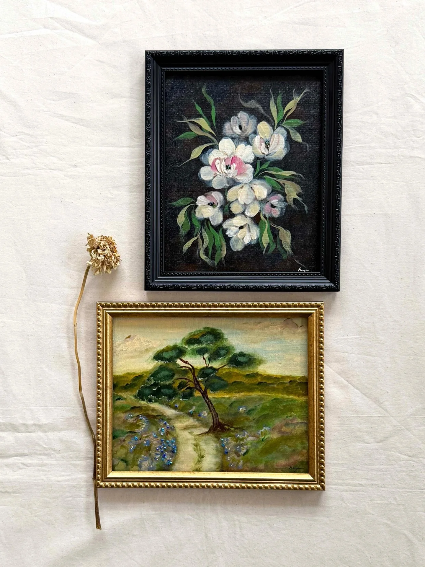 The journey and the destination.

Open Resolve (landscape) and Quiet Conviction (floral) represent the walk we take every day to our better selves.

Scroll through to see the light catch the tiny glass bead details. ✨

Both new paintings are now live