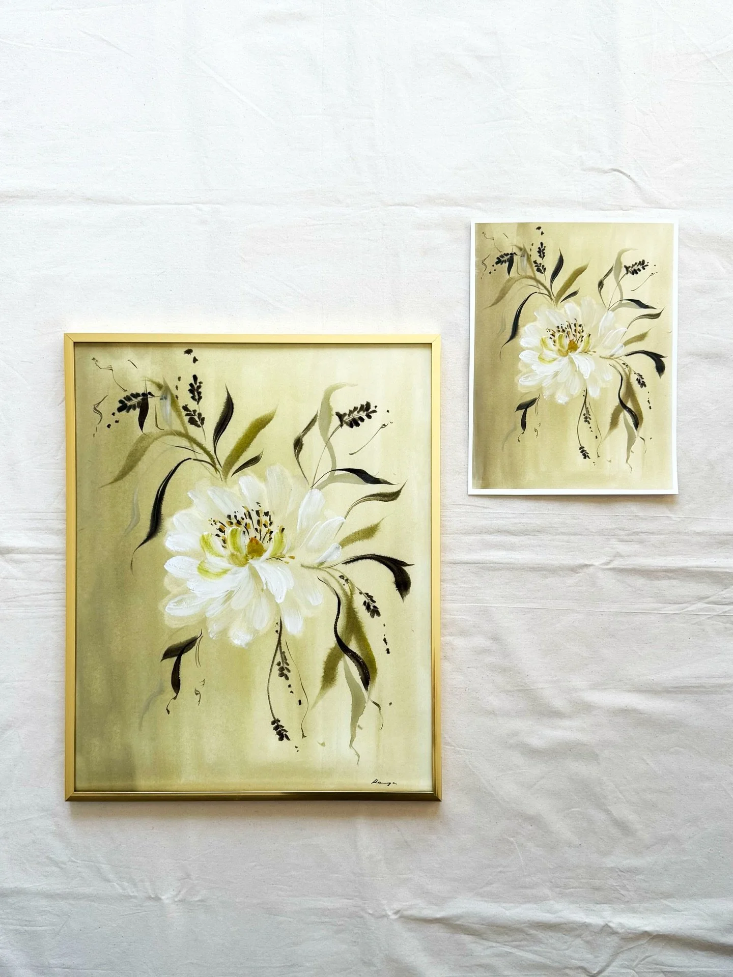 Side by side: The original study and the finished print.🌱

Light, organic, and ready for spring. If you&rsquo;re looking to add a touch of nature inspired calm to your home this season, this print is available on the site in five different sizes! 

