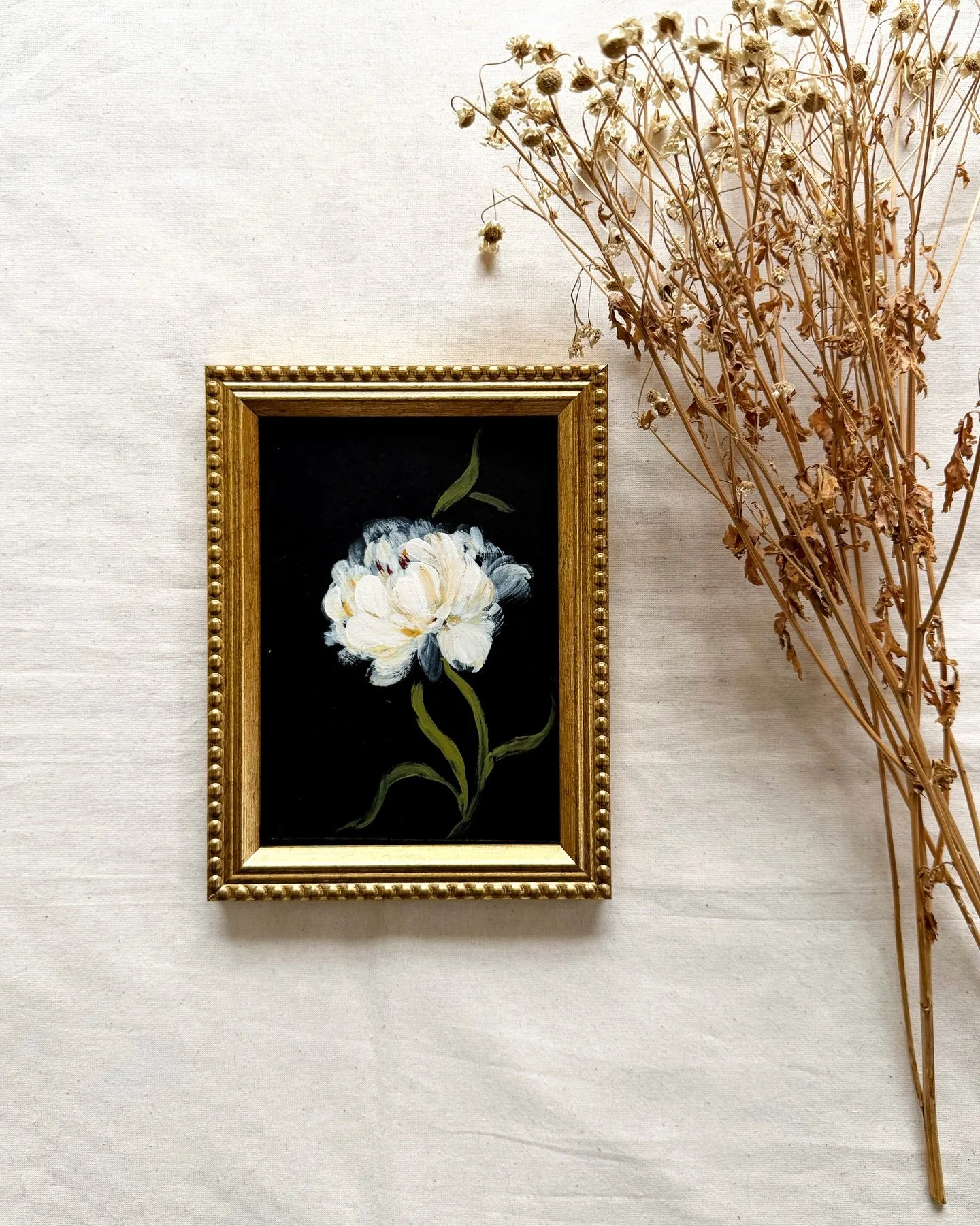 Soft Strength: there is something very comforting about a cream flower, black background and a golden frame. It&rsquo;s old charm and modern aesthetics making space for each other. 

Soft Strength is available on my website! 

Size 5x7. Comes with th