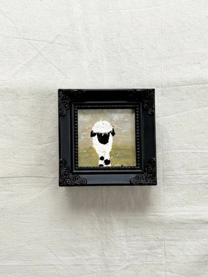 My daughter wanted me to make the sheep move, and it&rsquo;s adorable! I want to do this too, relax on the grass, look around and snack. 

 You can scroll left for the original painting, A Gentle Pause. :) This miniature 3x3 inches framed painting is