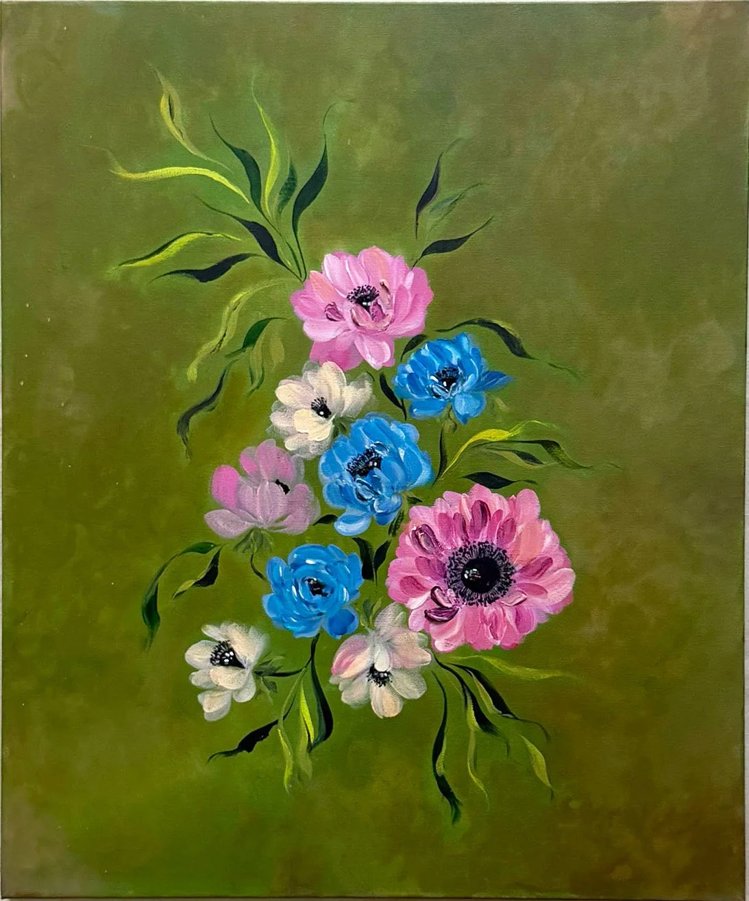 A painting of a bouquet of pink, blue, and white flowers with green leaves on a green background.