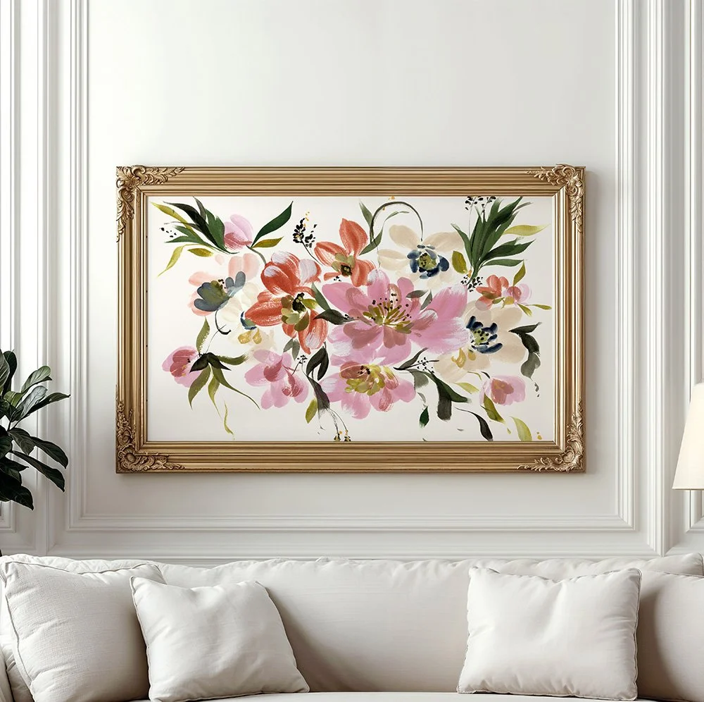 Watercolor floral painting with soft pink, blue, and cream blooms surrounded by autumnal leaves and acorns—ideal for seasonal home decor or a thoughtful gift