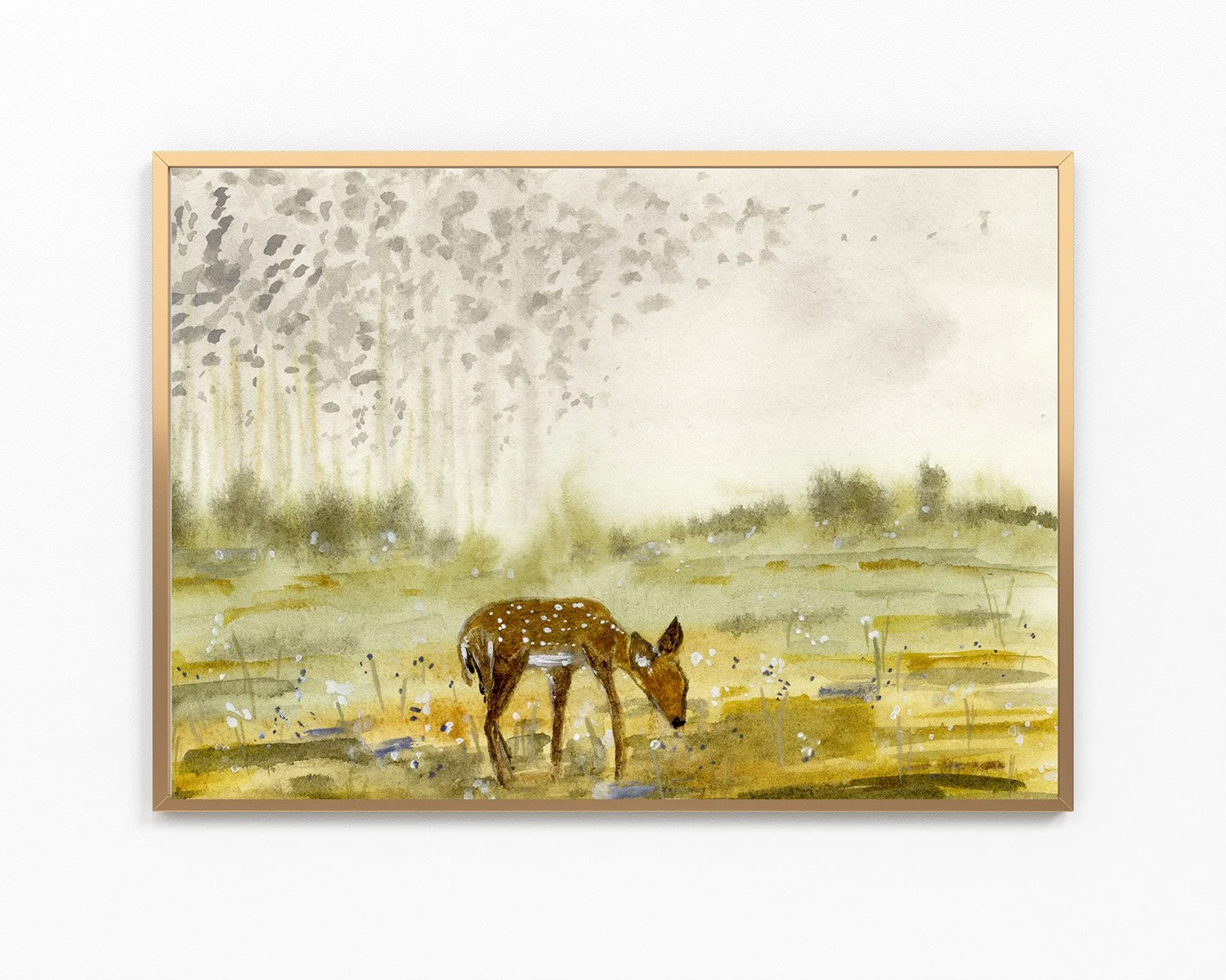 Watercolor deer landscape print in an ornate vintage gold frame.