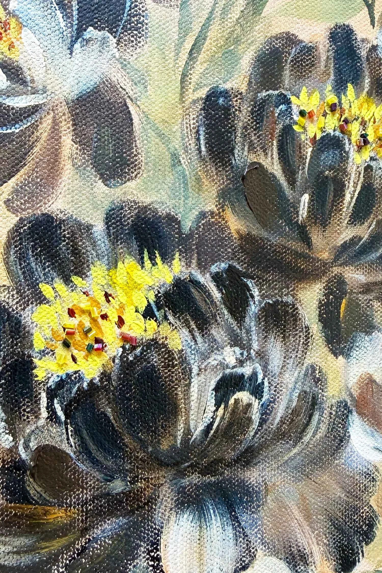 Textured black floral painting, warm neutral tones, statement wall art