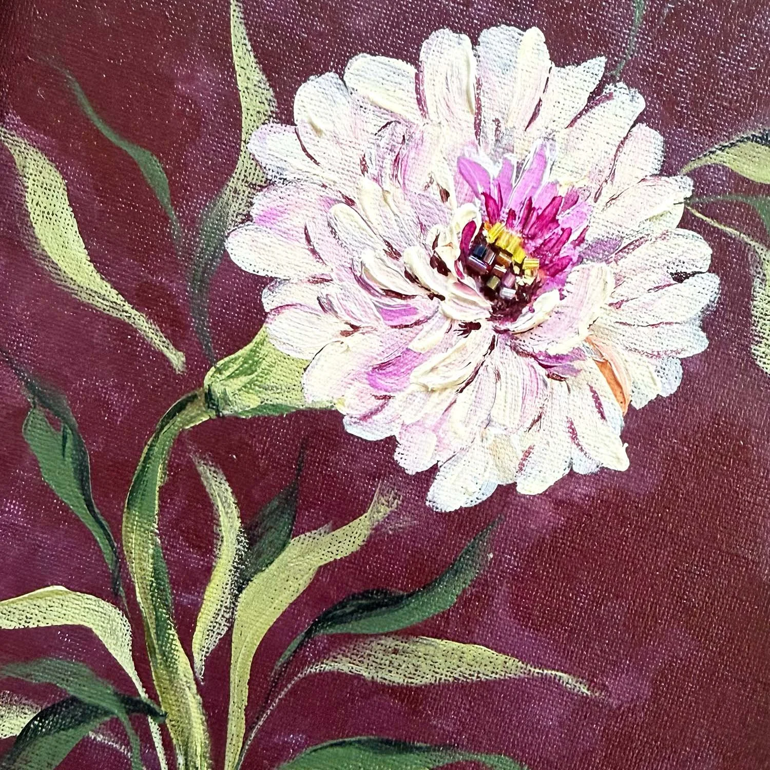 Original acrylic botanical art with creamy petals and deep red accents.