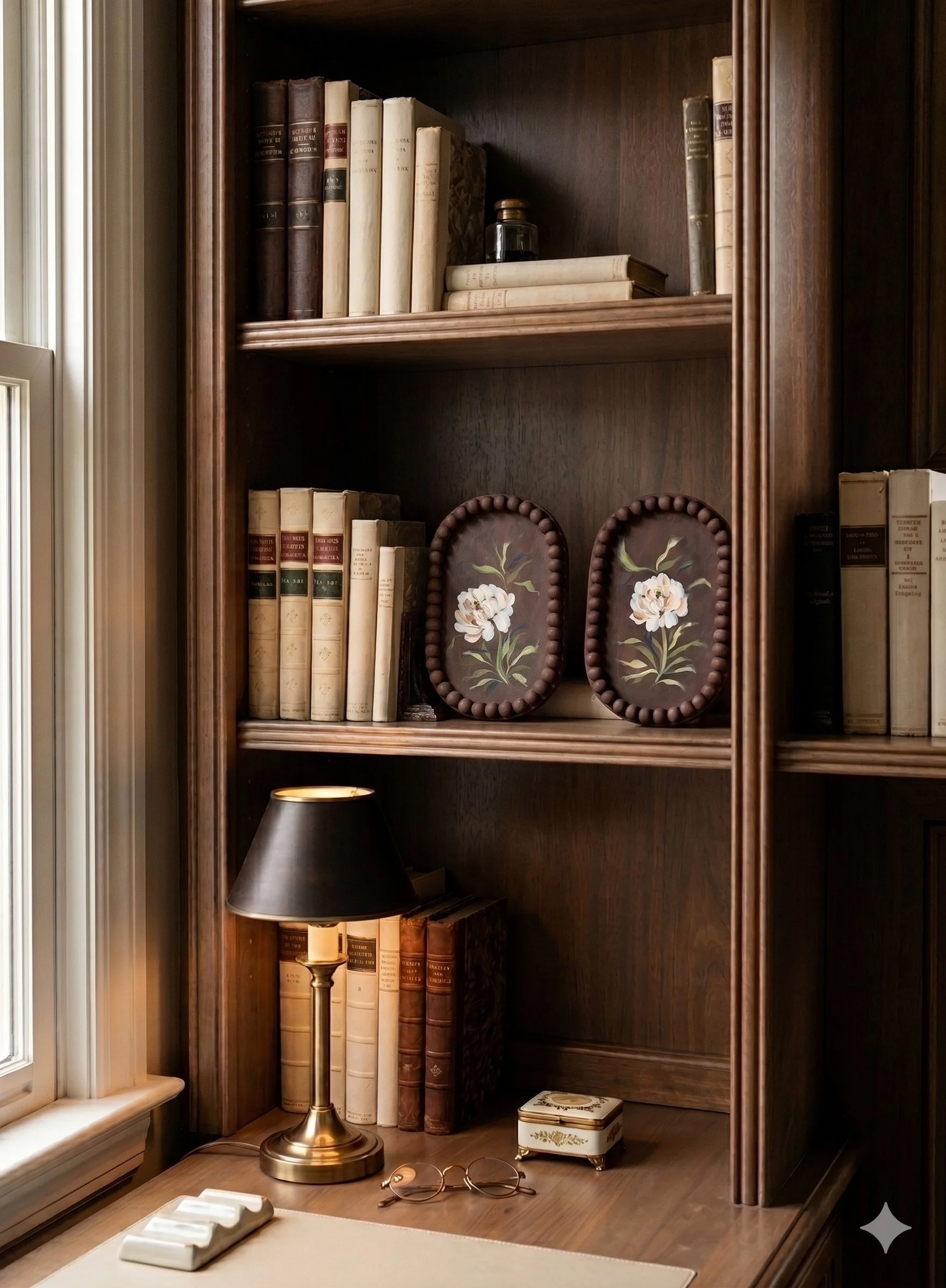 old world charm original paintings in a charming study on a book shelf. Book shelf artwork