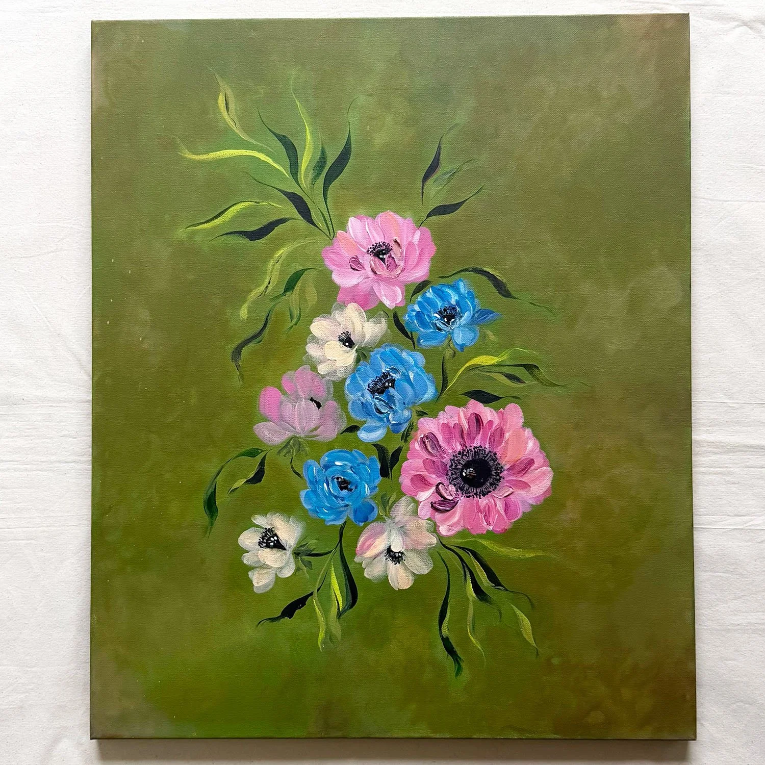 Born to Be original romantic floral acrylic painting of pink and blue anemones.