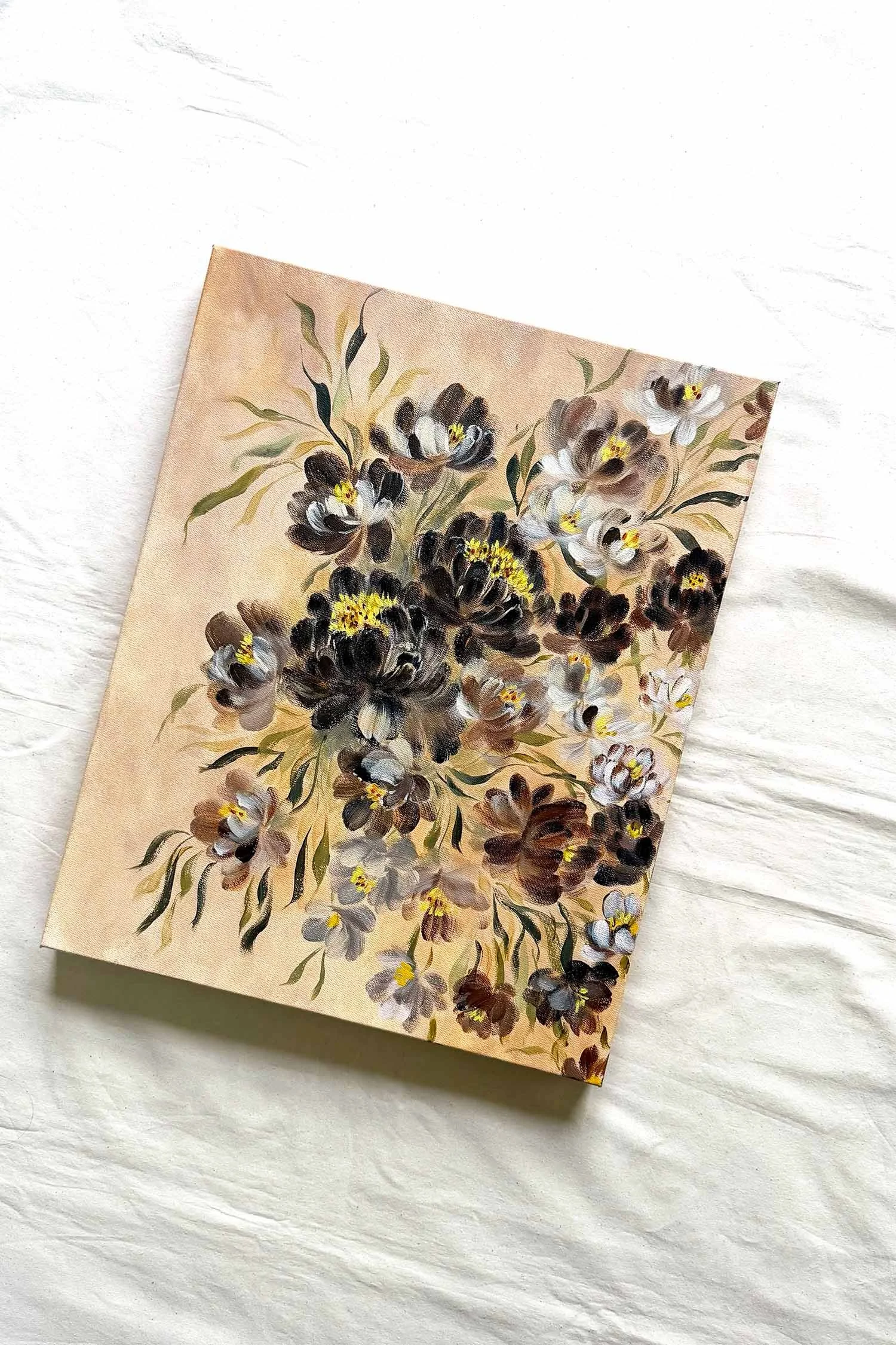 Original dark academia botanical art, sfumato blended peony blooms