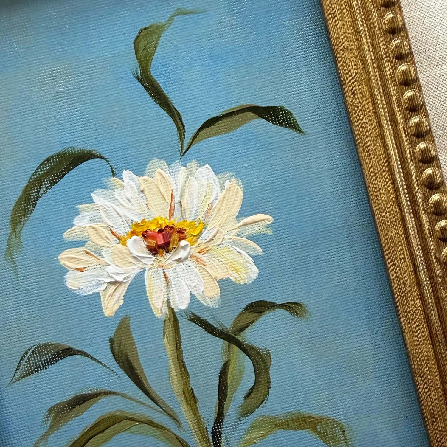 April daisy flower painting in ornate gold frame, original acrylic botanical art for English country traditional home decor