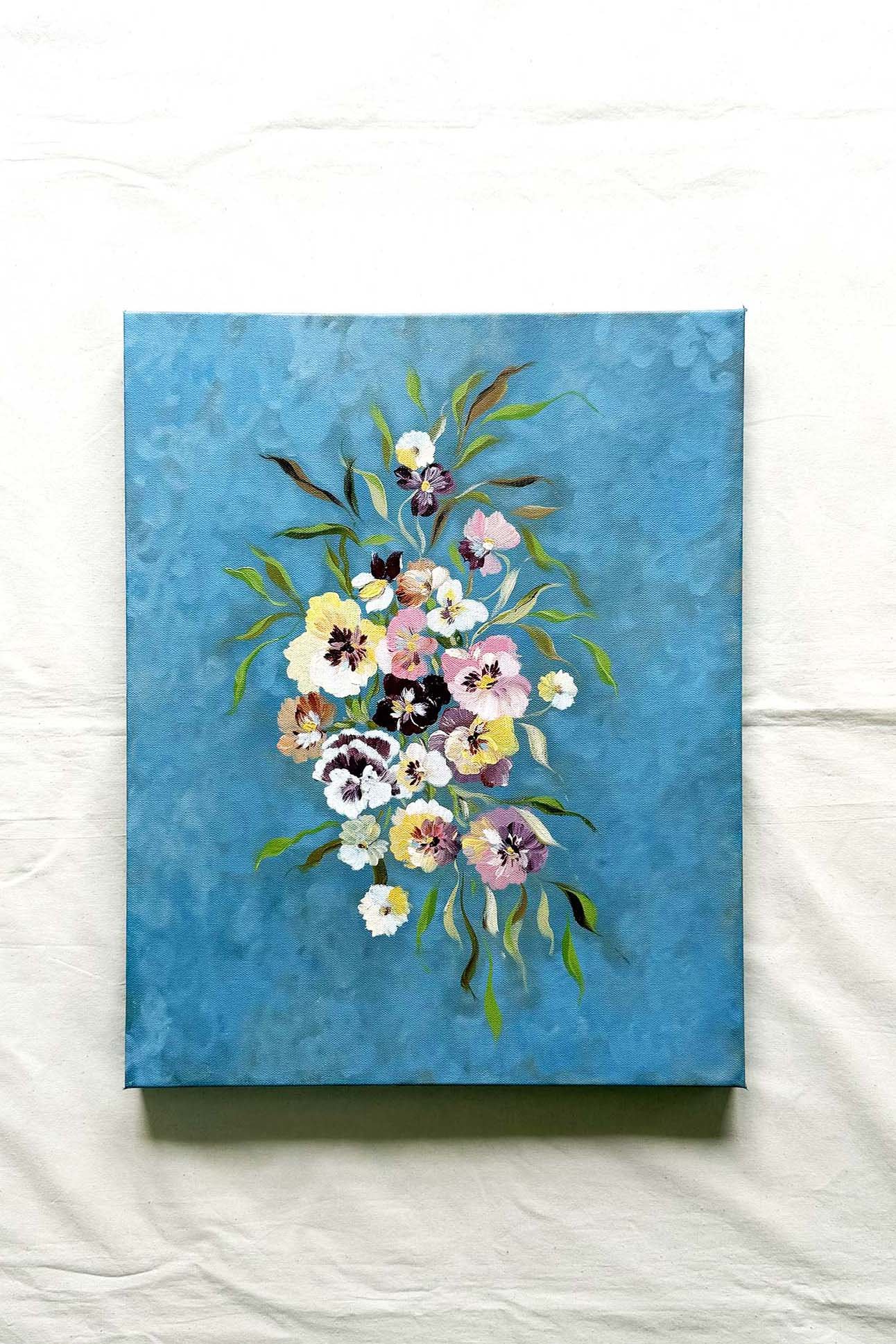 Original blue acrylic painting featuring delicate pansies bouquet on canvas, 16x20.