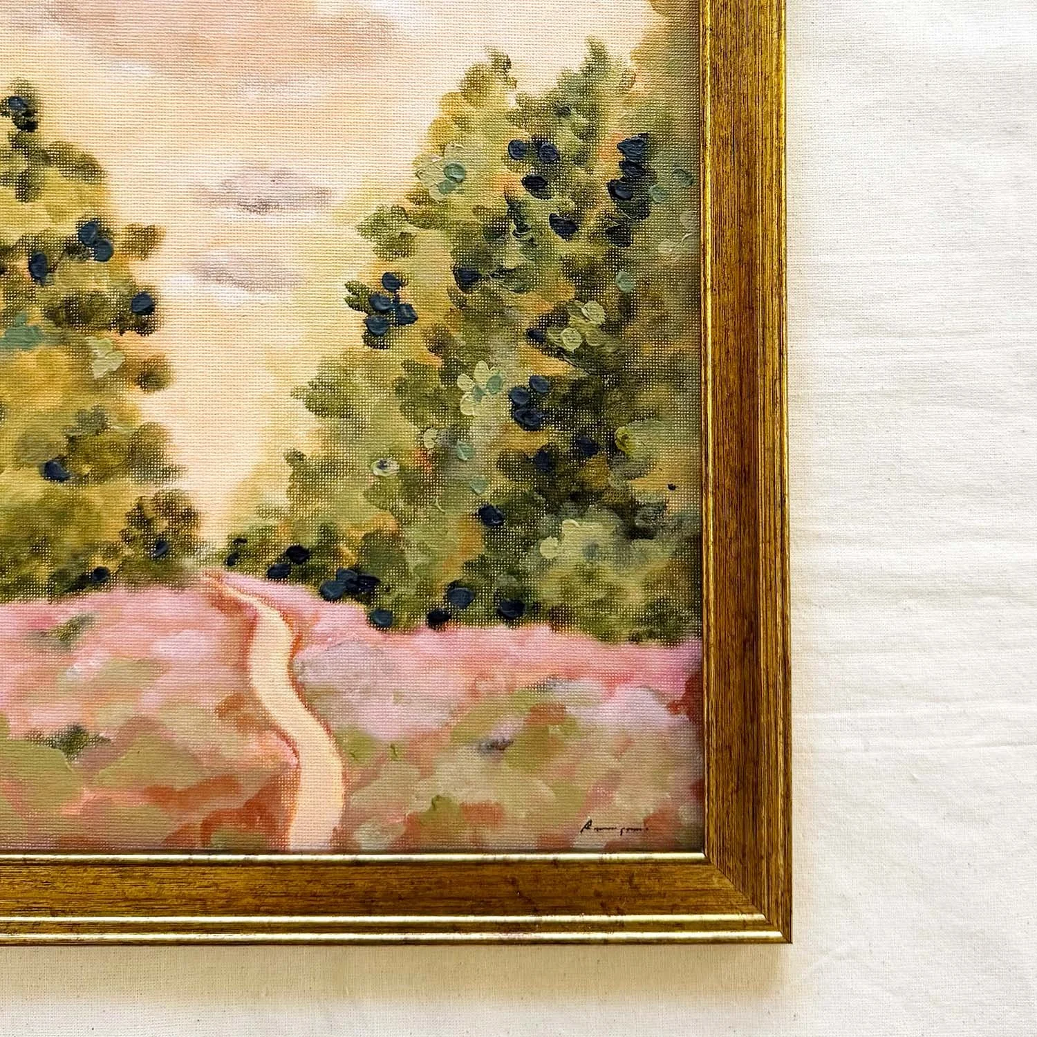 Romantic impressionist garden landscape art, 8x10 framed canvas.