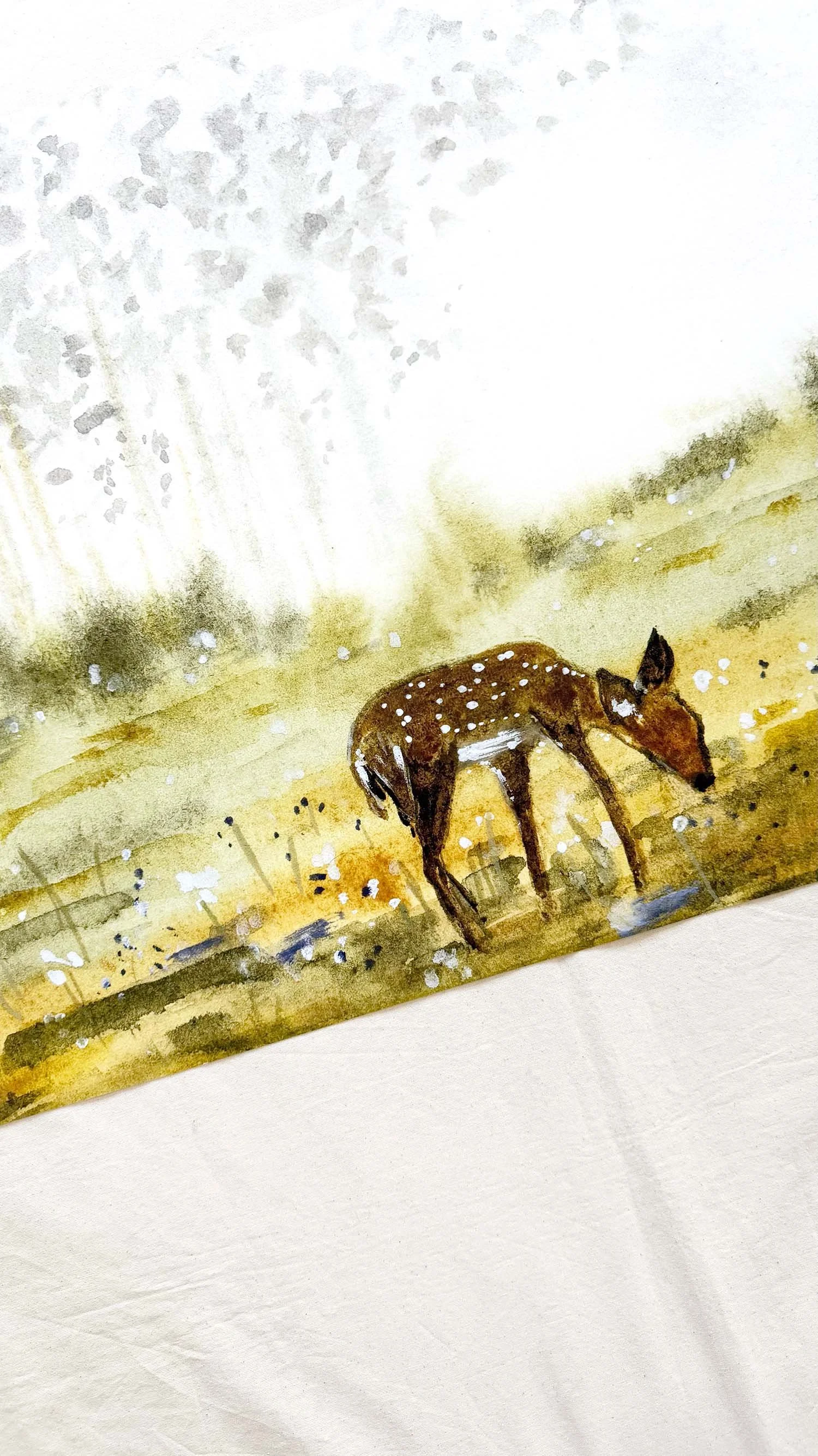 Moody spring meadow art print with a grazing deer. Cottagecore decor.