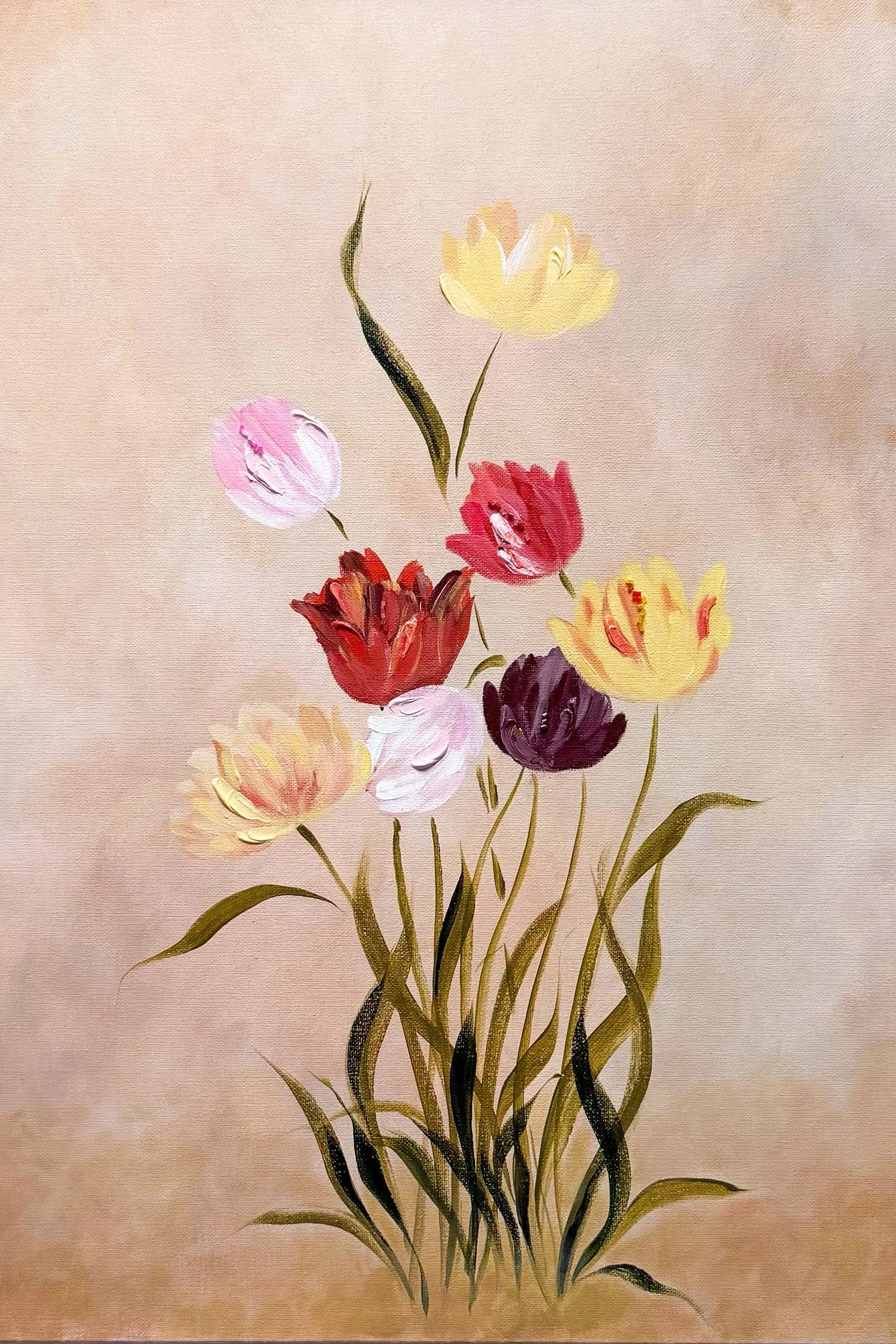 Vintage style tulip artwork, gallery wrapped canvas, warm neutral tones