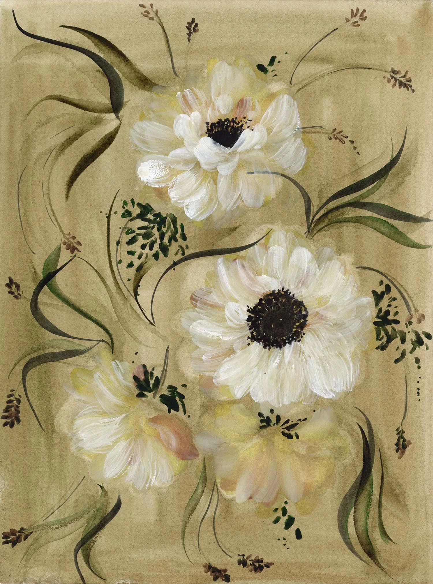 A painting of white flowers with black centers, surrounded by green and brown leaves and spray, on a beige background.