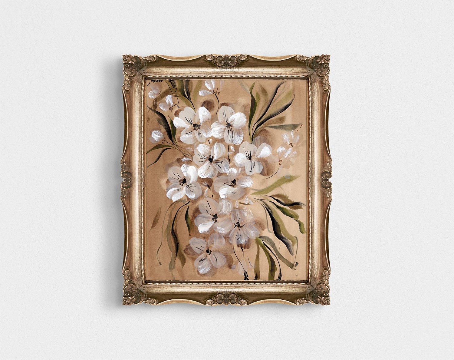 white florals in a vintage frame artwork