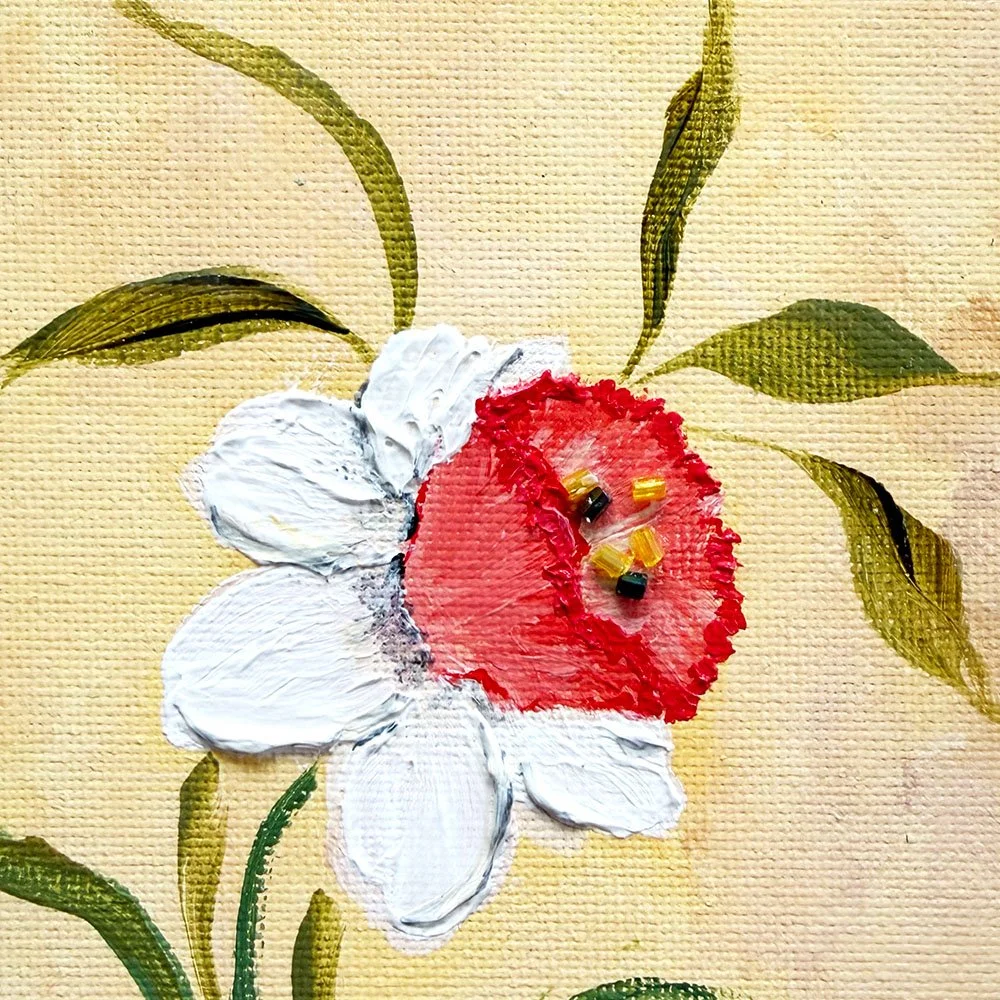 Tactile impasto flower painting showing clear highlights and atmospheric background blending.