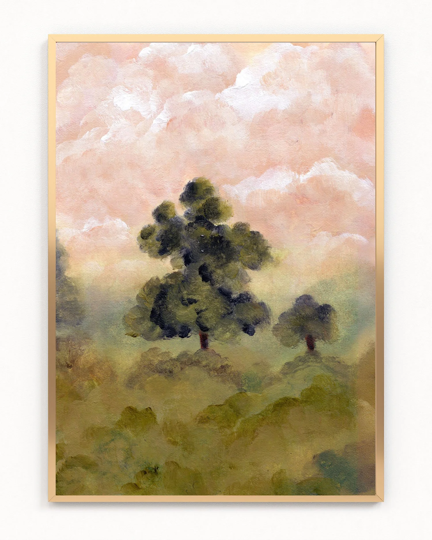 Hillside Hush giclée print, solitary tree, pink cloud sky, old world romantic art
