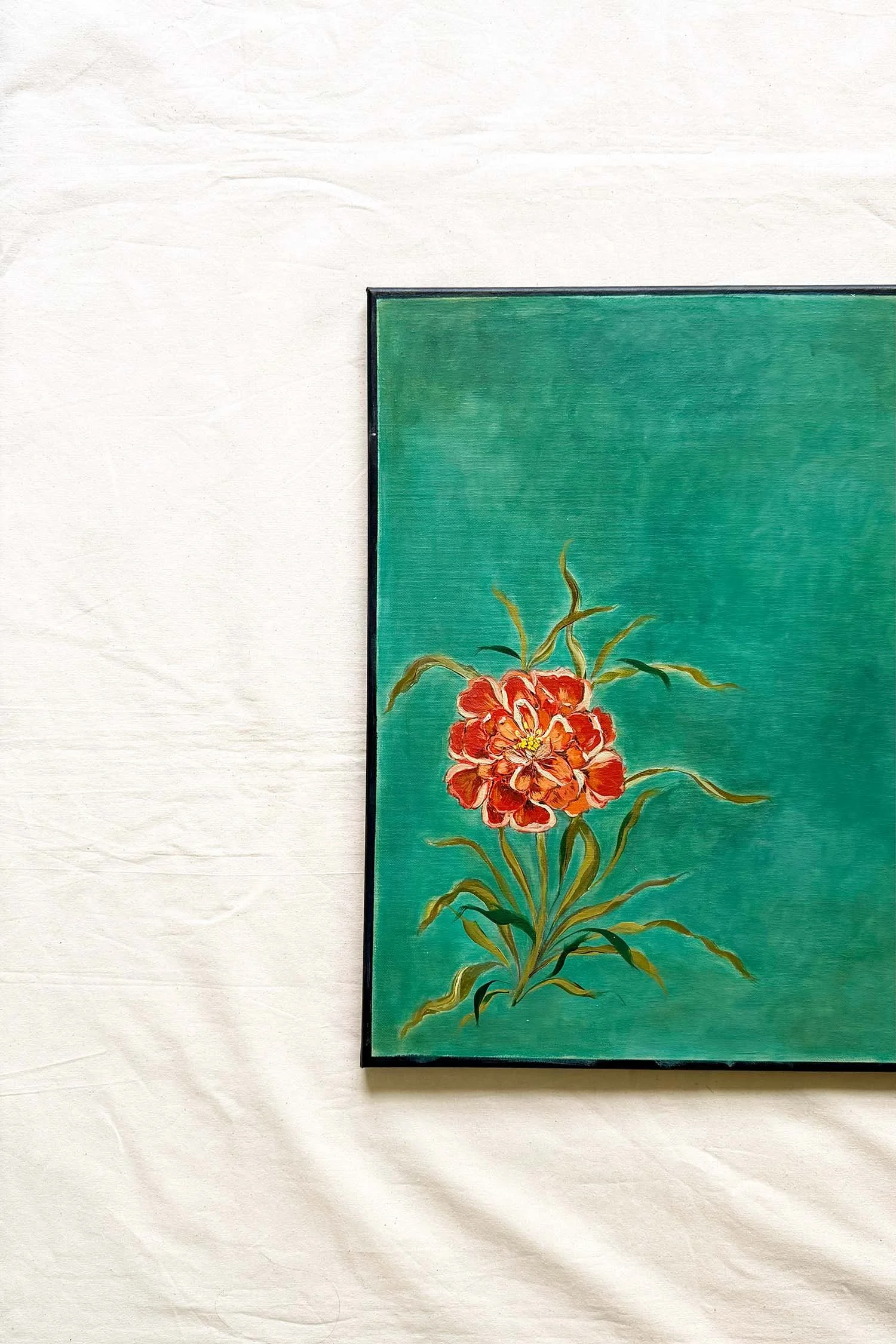 Old World Romantic flower art, sfumato blending, single stem jade backdrop