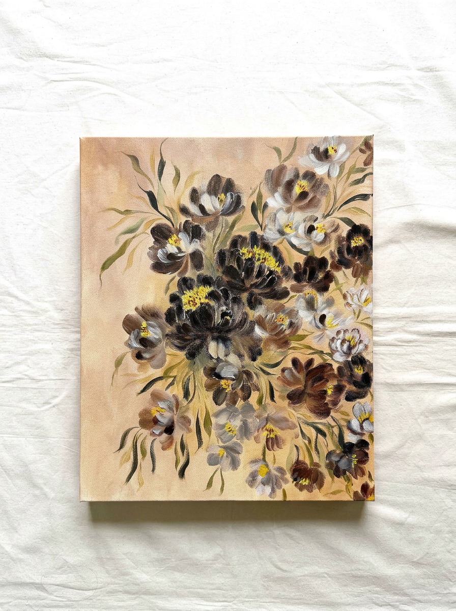 Black and brown floral acrylic painting, moody neutral background, 16x20
