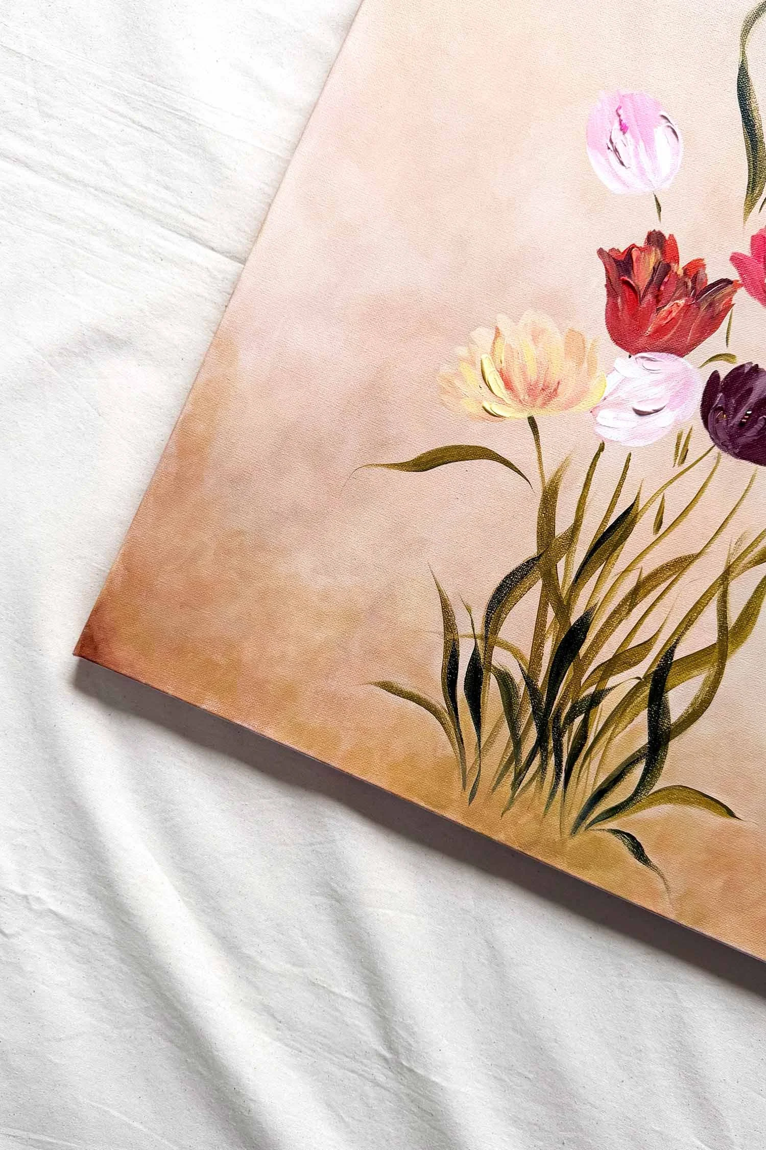 Multicolor tulip flowers painting, atmospheric sfumato brushwork, canvas