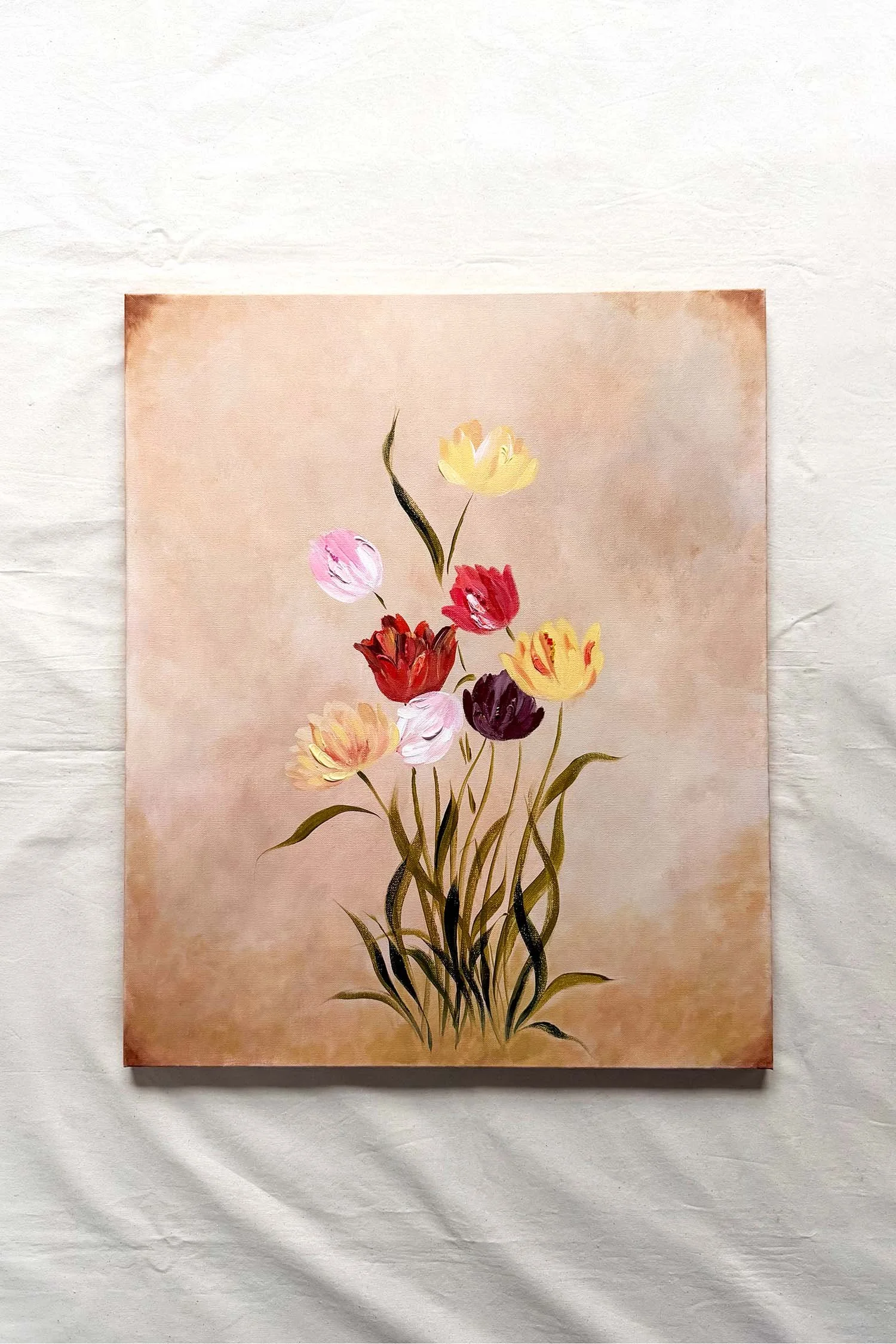 Tulip bouquet painting, moody sepia background, old world floral art