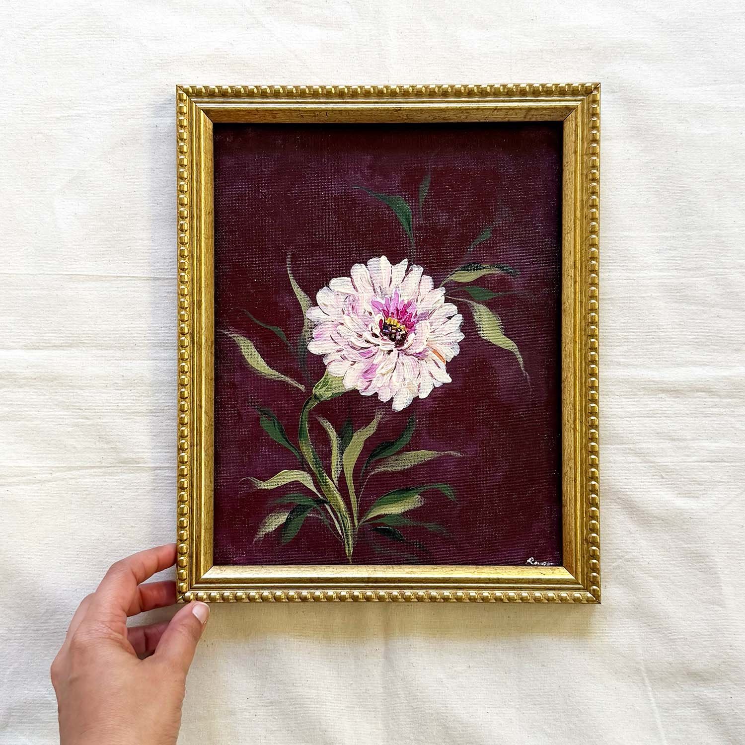 8x10 original floral painting of white flowers in a vintage gold frame.