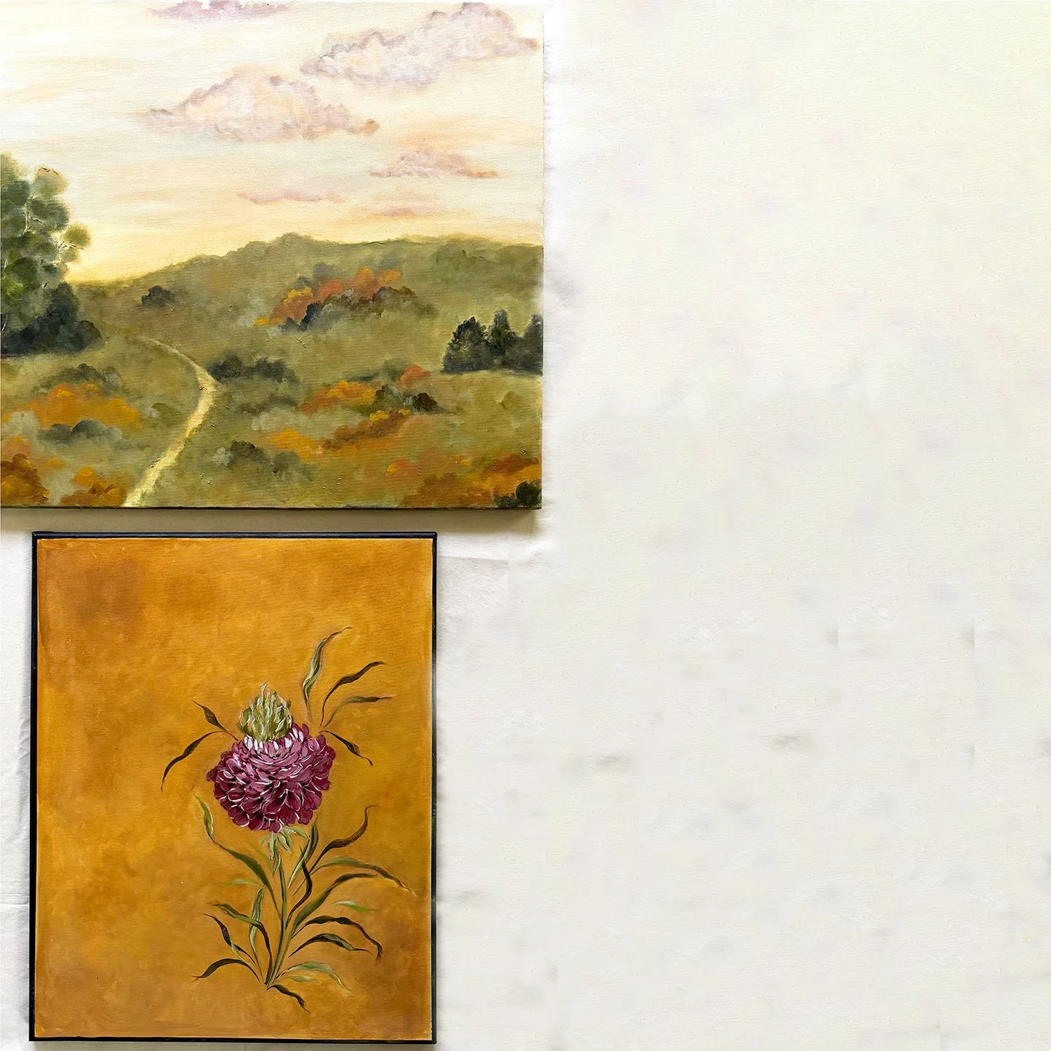 Ochre Hills acrylic canvas art featuring rolling golden meadows and a soft, warm sky.