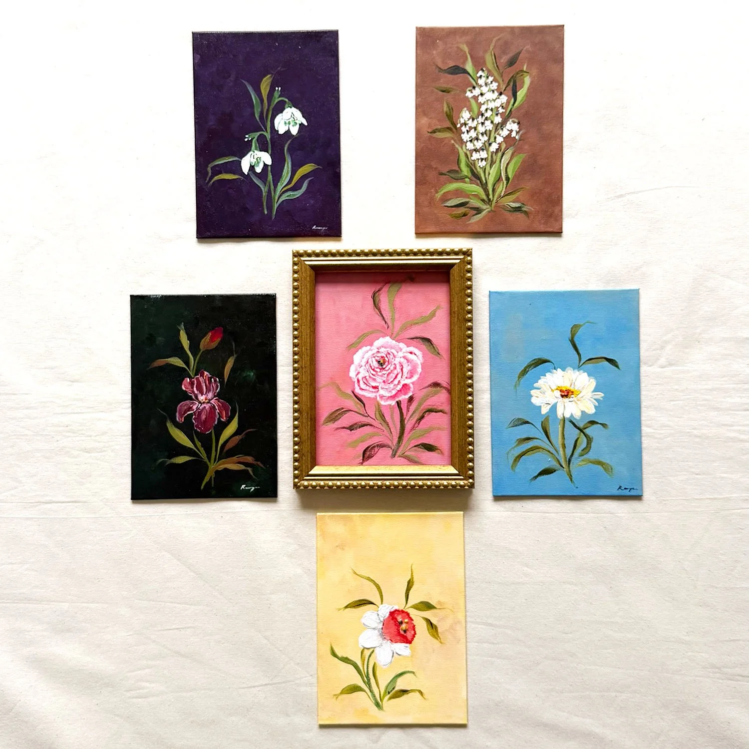 Ramya Rajiv 5x7 flower of the month paintings with romantic vintage aesthetic