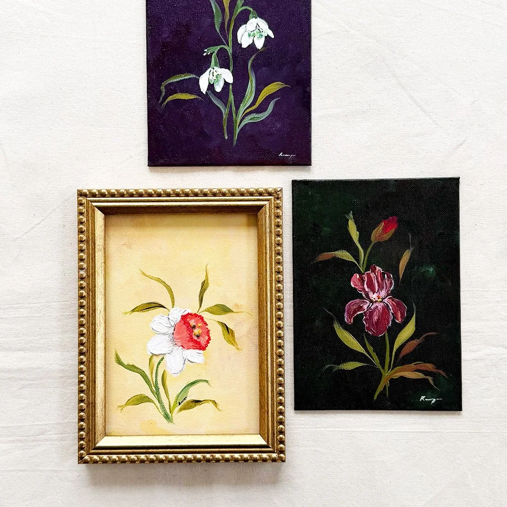 Small original floral painting for an English country cottage or Grandmillennial style interior.