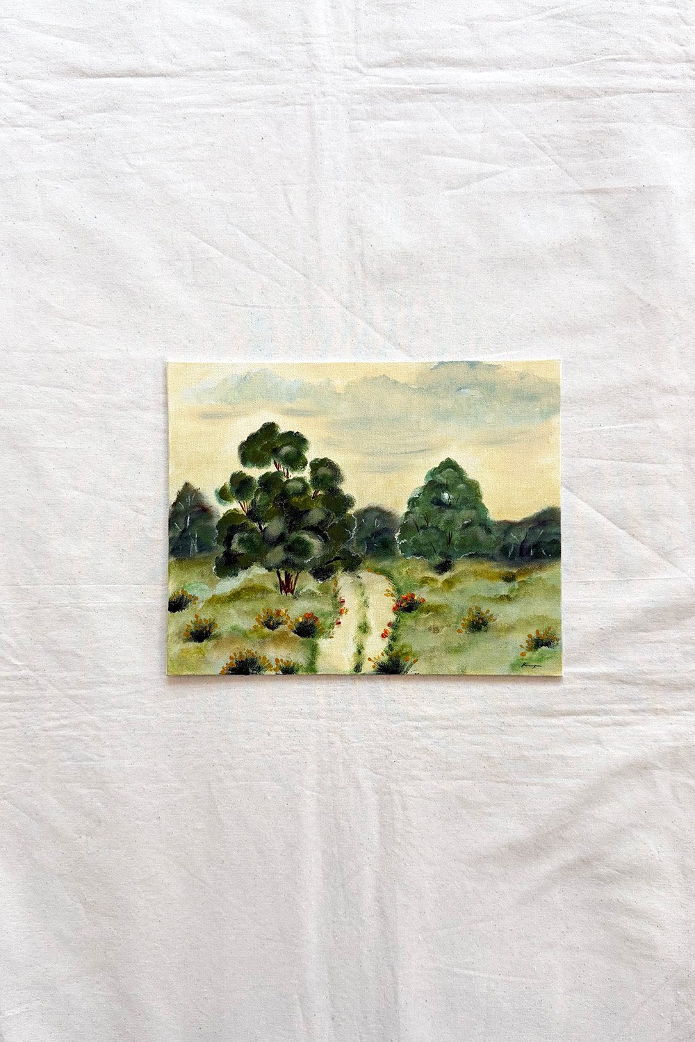 Atmospheric nature painting of a peaceful horizon and rolling hills, designed to evoke a sense of grounding and inner strength.