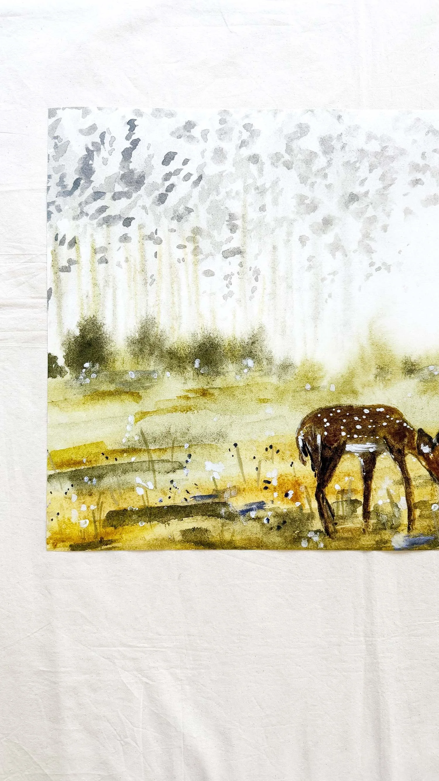 Old World Romantic watercolor landscape of a deer by Ramya Rajiv.