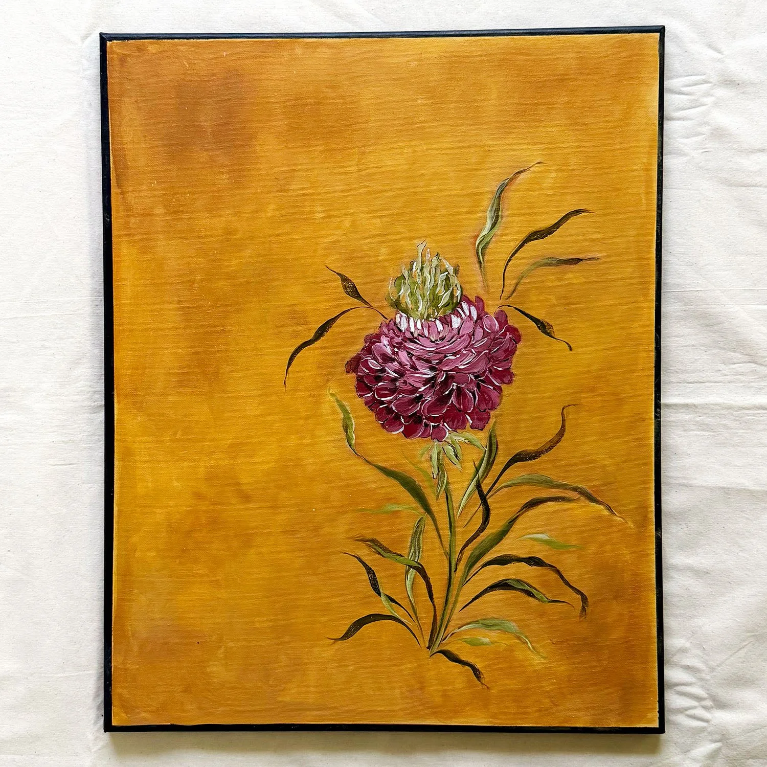Midnight Bloom in Ochre – Original Floral Acrylic Painting, Moody Mustard Yellow Botanical Art