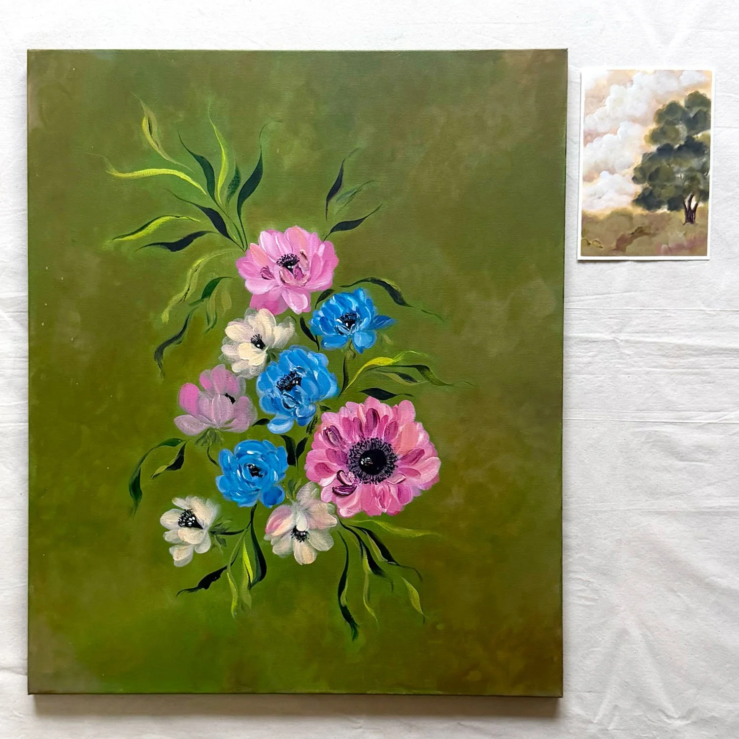 Fine art canvas painting of vibrant pink and blue blossoms for home decor.