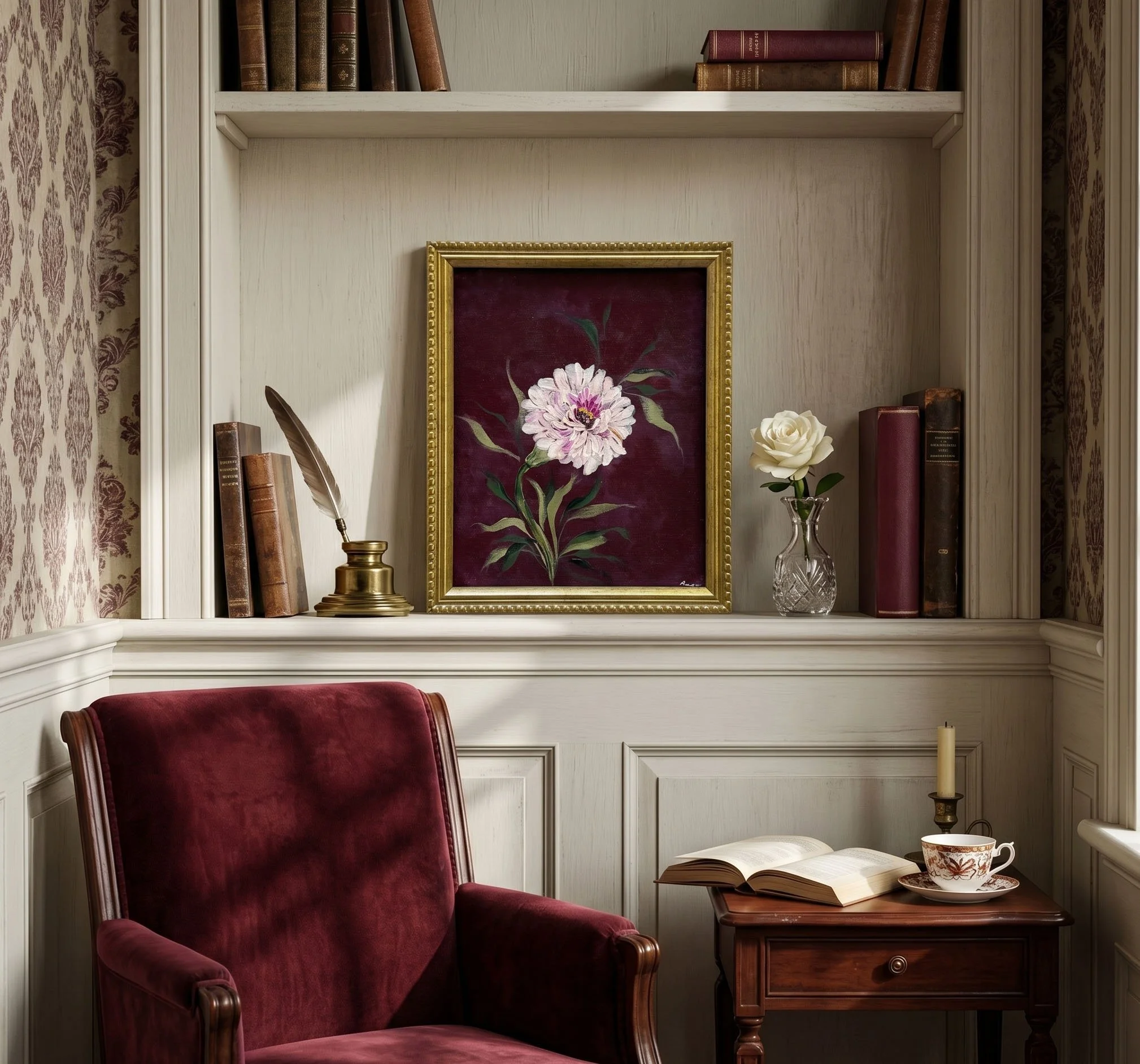 Gilded Bloom- cream-flower-on rich-burgundy-in-a-moody-interior  copy.jpg