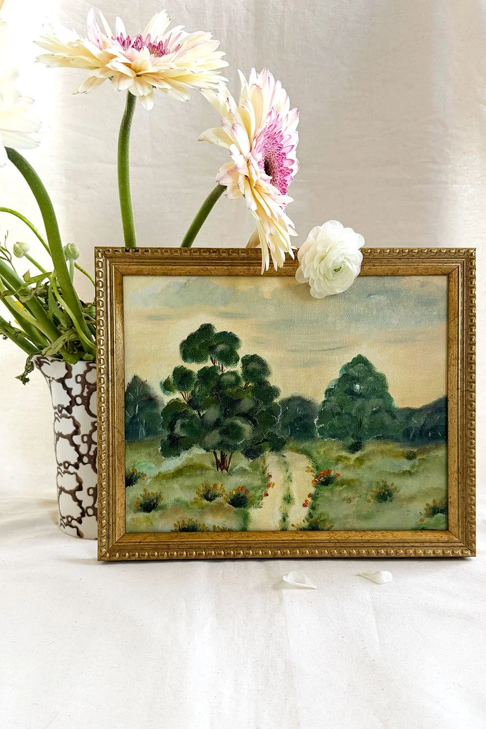 Original mixed media landscape by New Jersey artist, featuring soft atmospheric blending and physical texture on canvas.