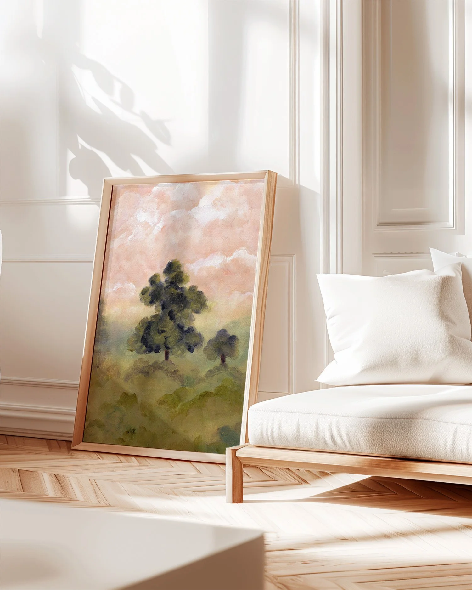 Sfumato landscape print, atmospheric pastel sky, moody countryside wall decor