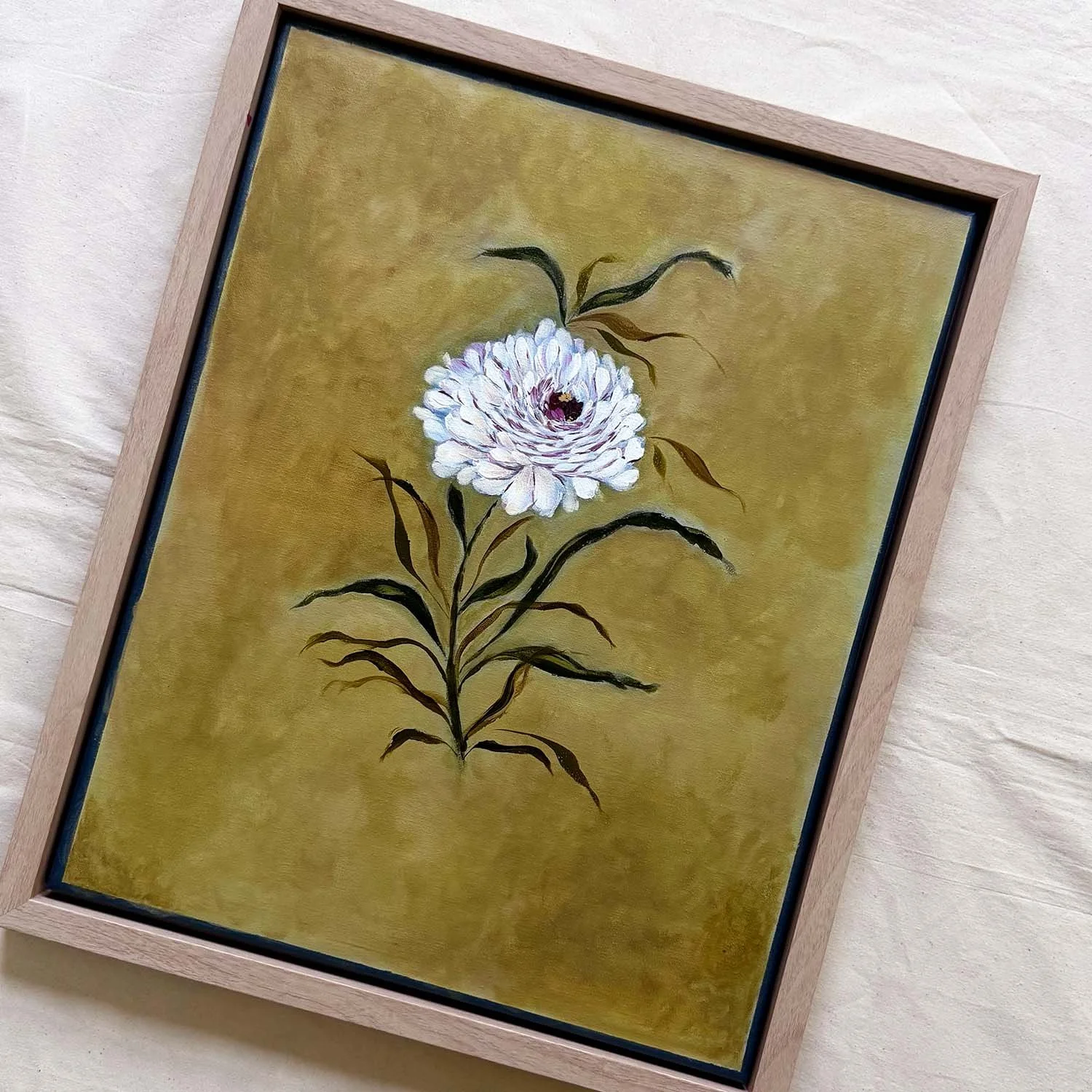 Modern classic moody botanical canvas art with atmospheric olive gold background.