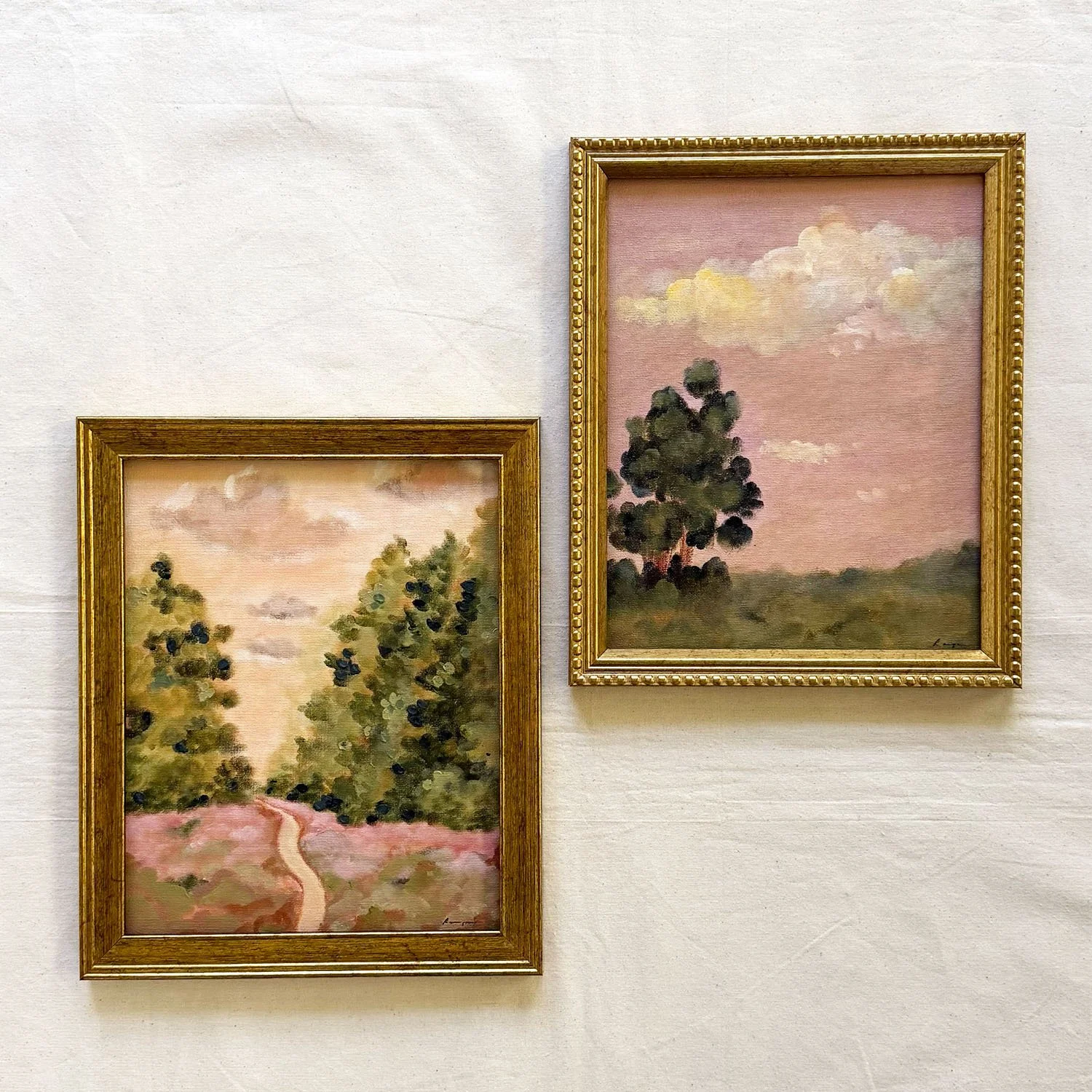 Winding garden path artwork in a decorative gold frame, original art.