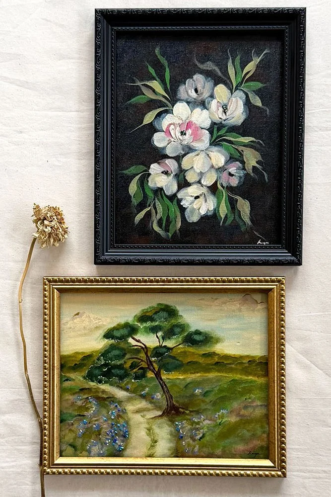 extured green meadow painting with winding path, mixed media landscape with glass beads and sculptural impasto, part of the Rolling Collection artist series.