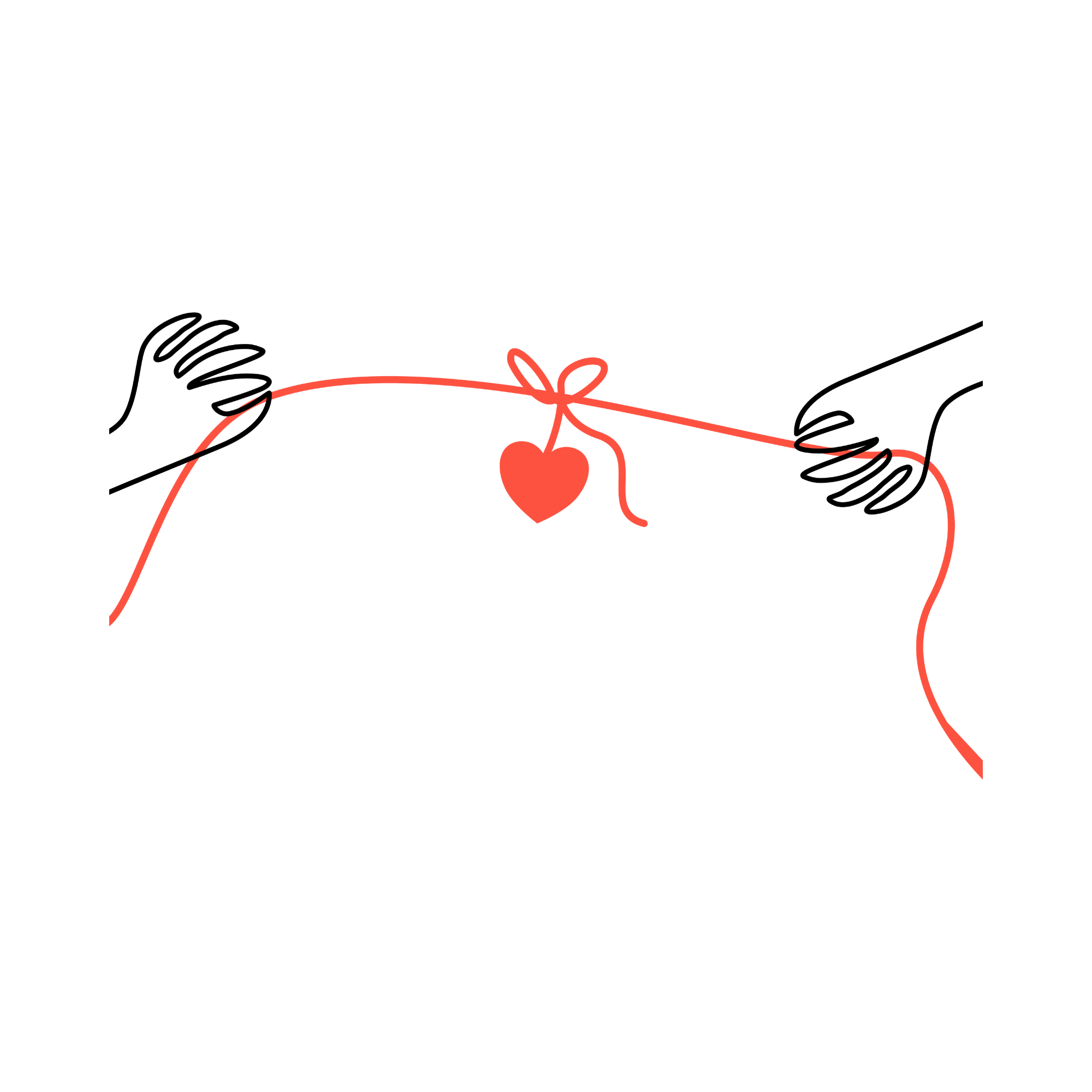 A red string tied into a bow, with a red heart hanging from the center, appears to be part of a handwritten message or decoration.